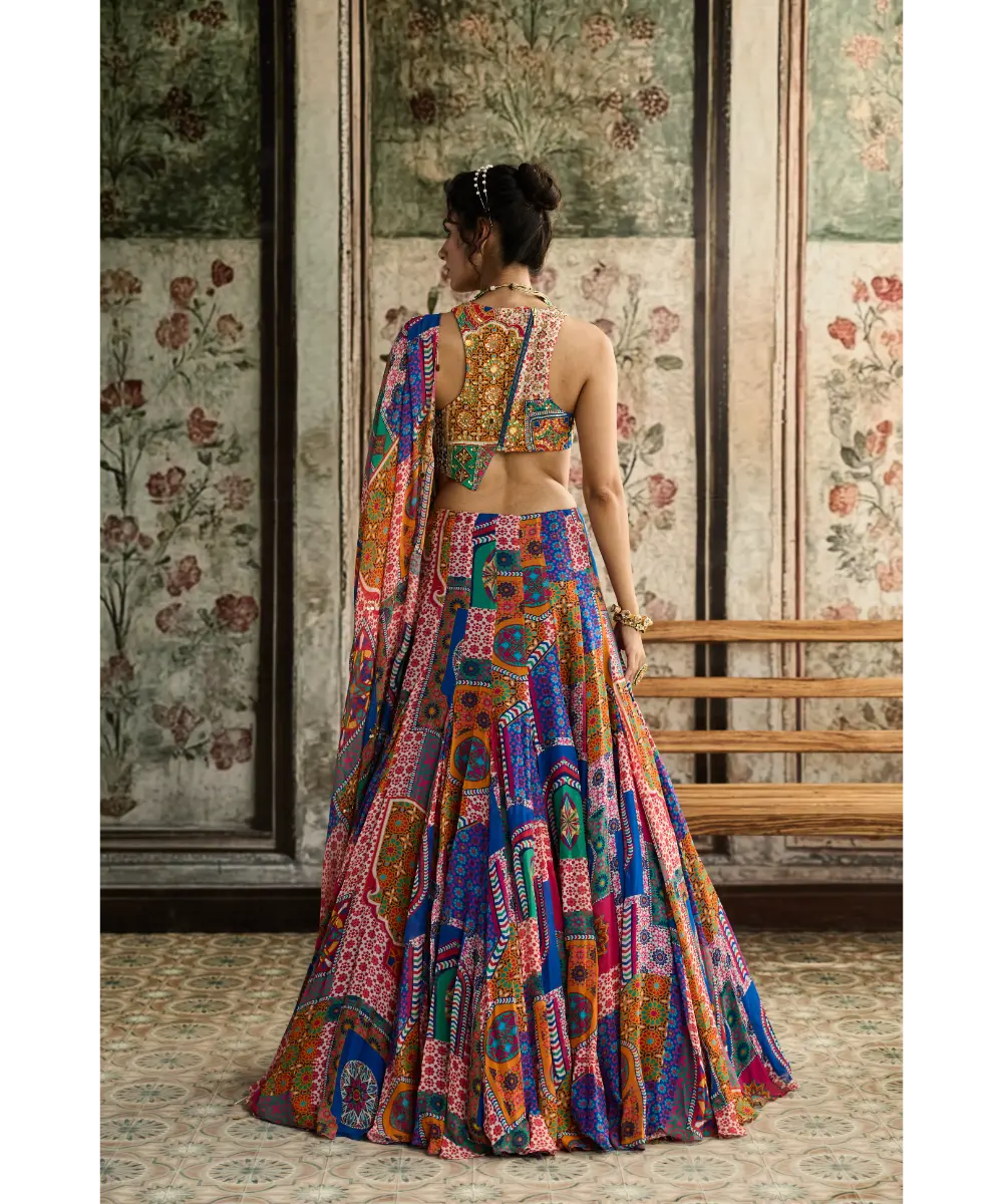 DIYARAJVVIR - MULTI-COLOR  PRINT AND HIGHLIGHTED RACERBACK BLOUSE WITH GODET SKIRT SET