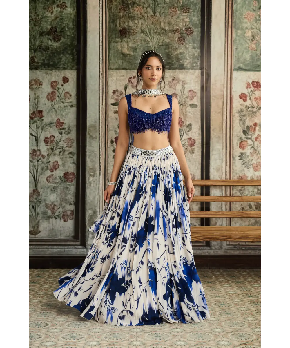 IVORY & BLUE FLORAL PRINTED LEHENGA SET