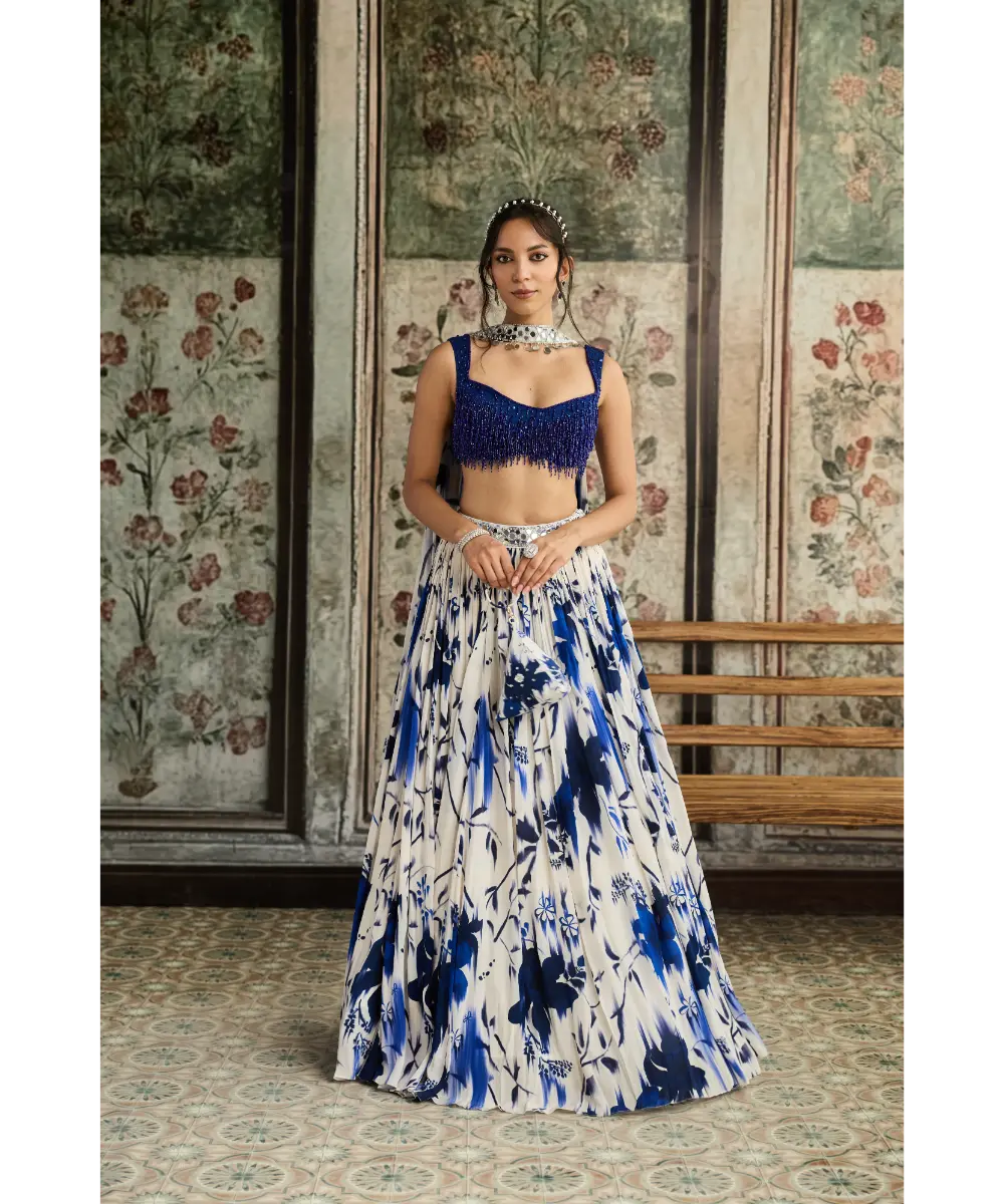 IVORY & BLUE FLORAL PRINTED LEHENGA SET