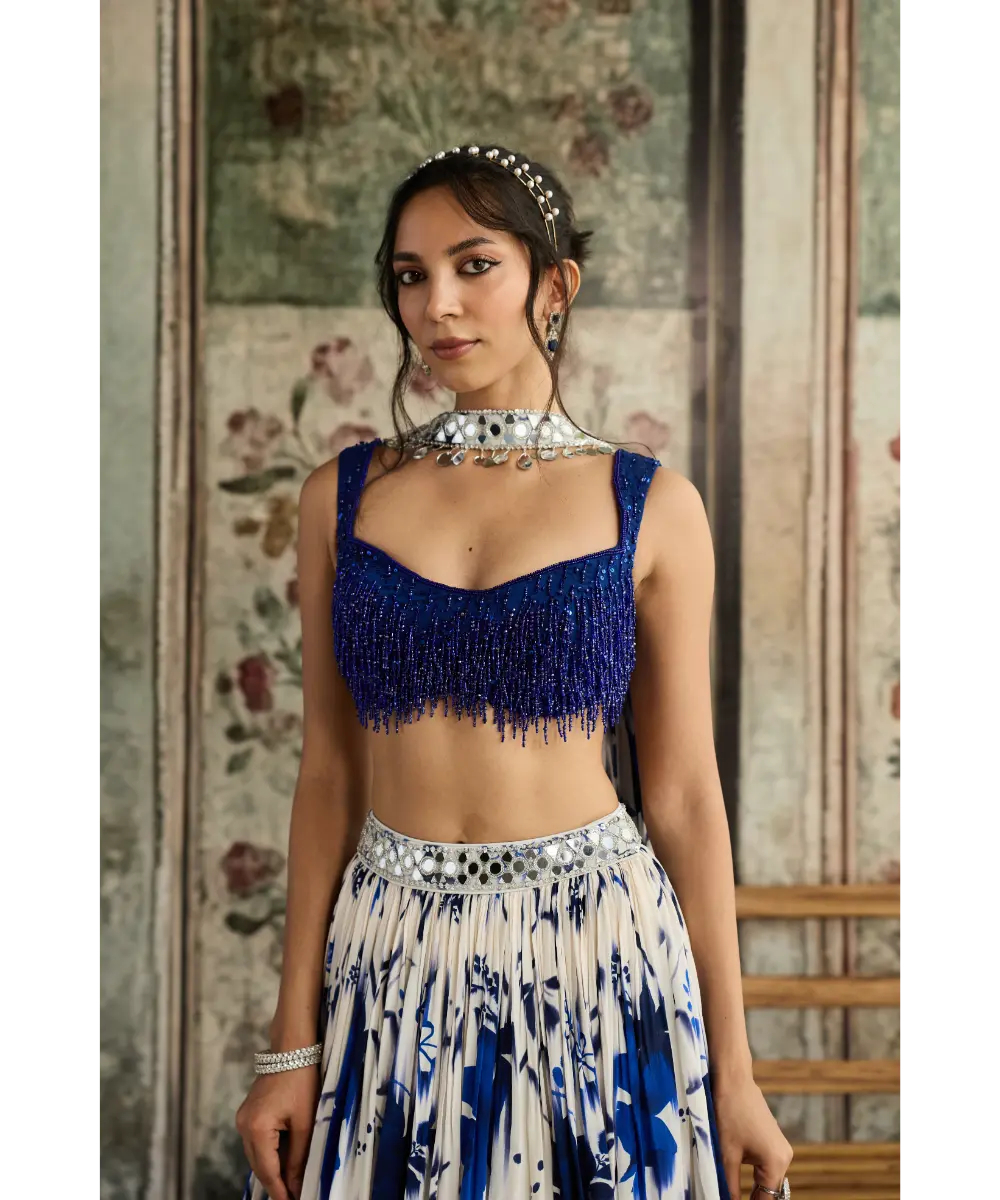 IVORY & BLUE FLORAL PRINTED LEHENGA SET