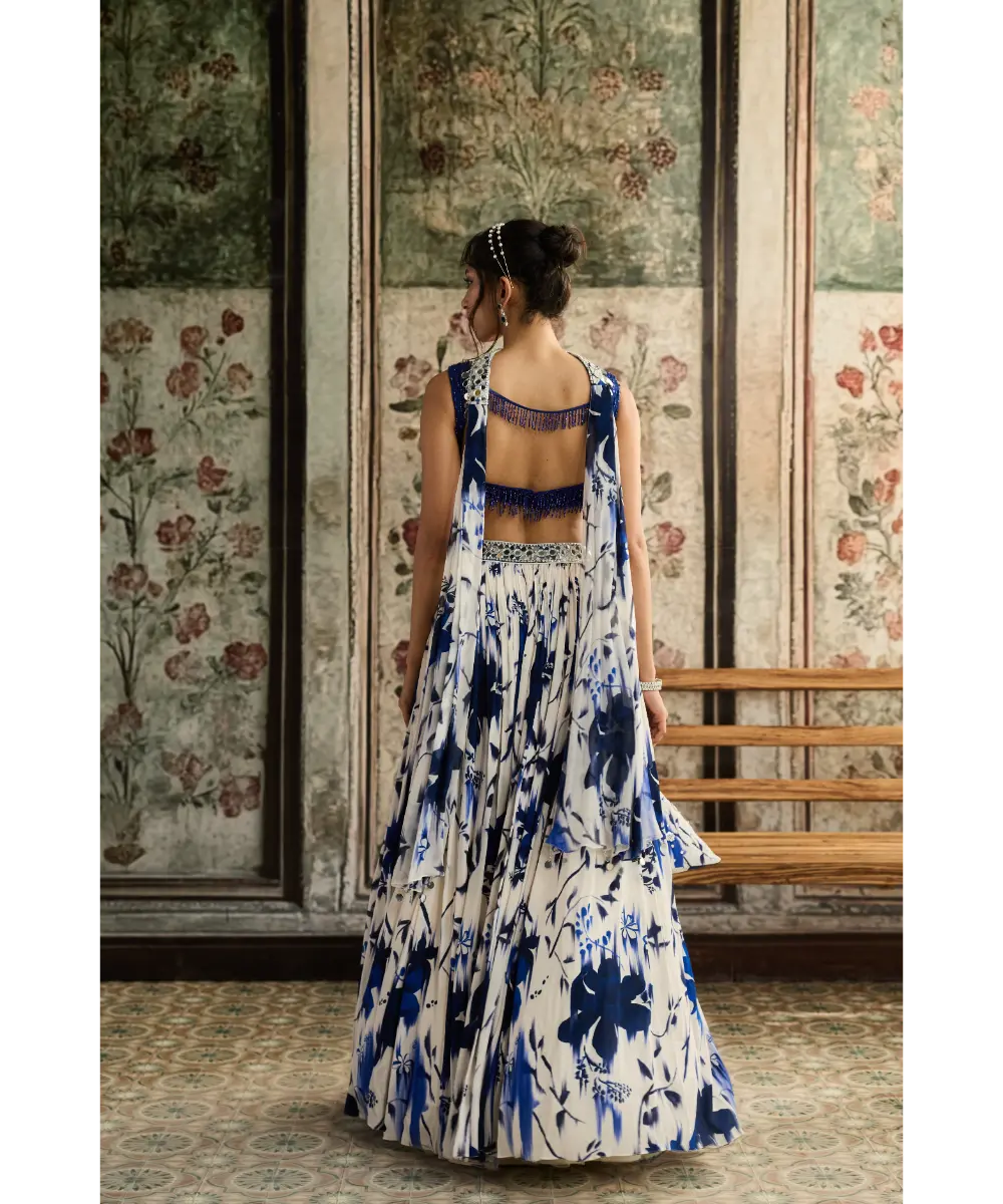 IVORY & BLUE FLORAL PRINTED LEHENGA SET
