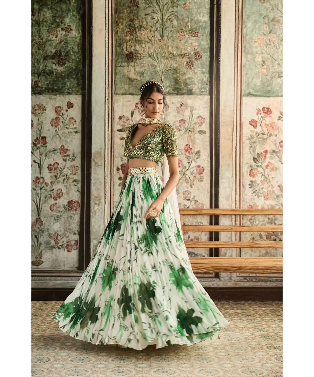 IVORY FLORAL PRINT AND HIGHLIGHTED LEHENGA SET