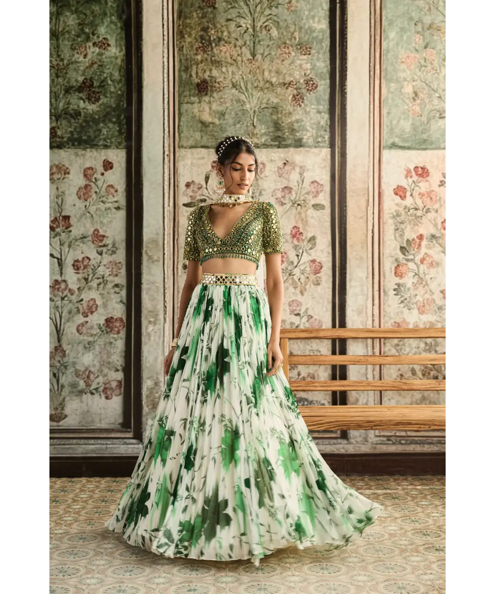 IVORY FLORAL PRINT AND HIGHLIGHTED LEHENGA SET