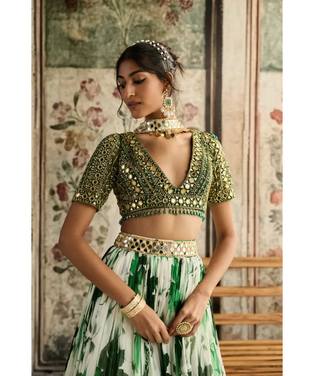 IVORY FLORAL PRINT AND HIGHLIGHTED LEHENGA SET