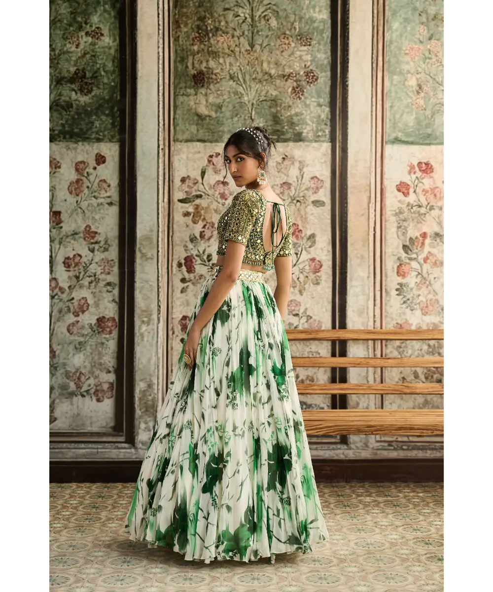 IVORY FLORAL PRINT AND HIGHLIGHTED LEHENGA SET