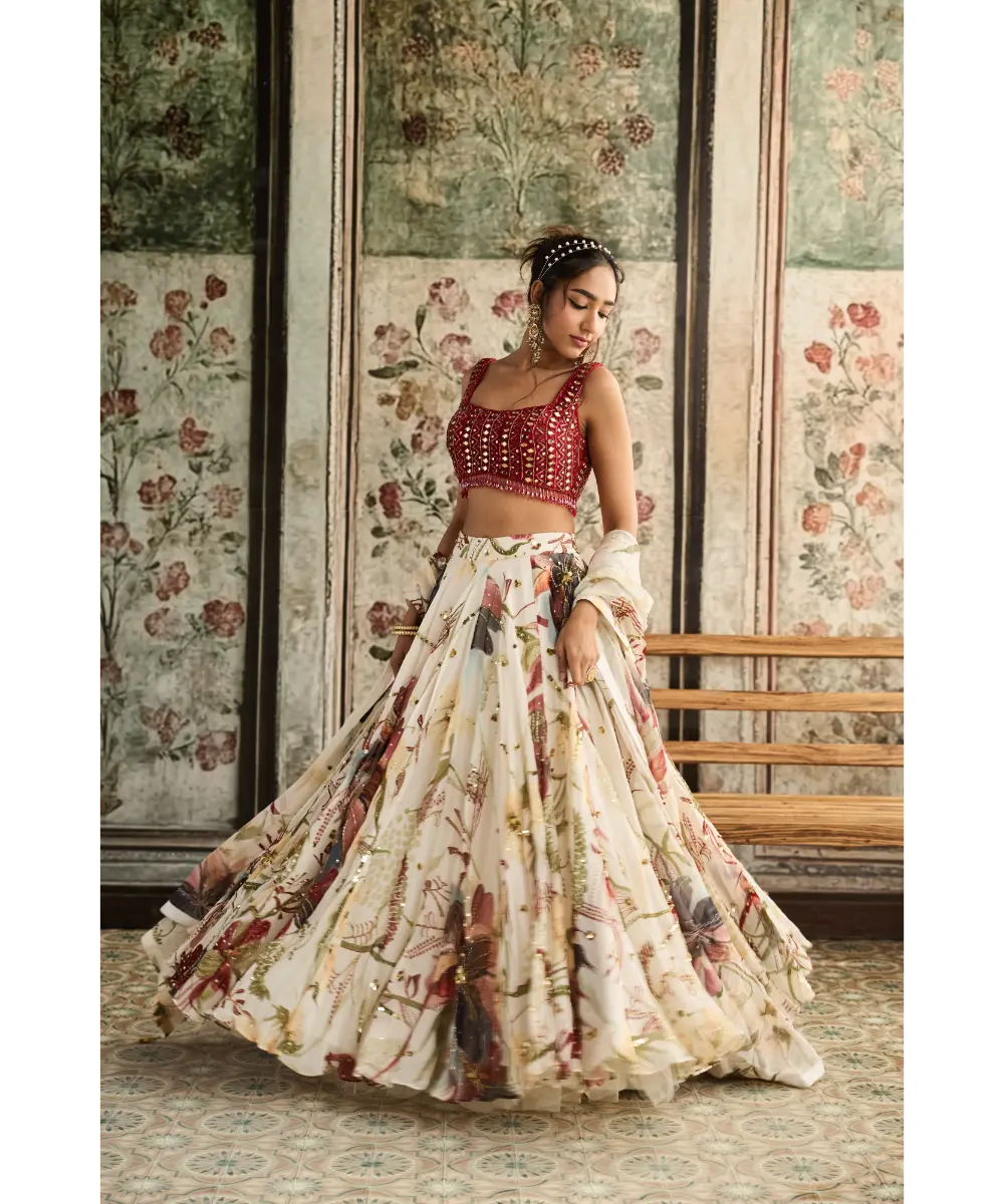 DIYARAJVVIR - IVORY FLORAL PRINT AND HIGHLIGHTED LEHENGA SET