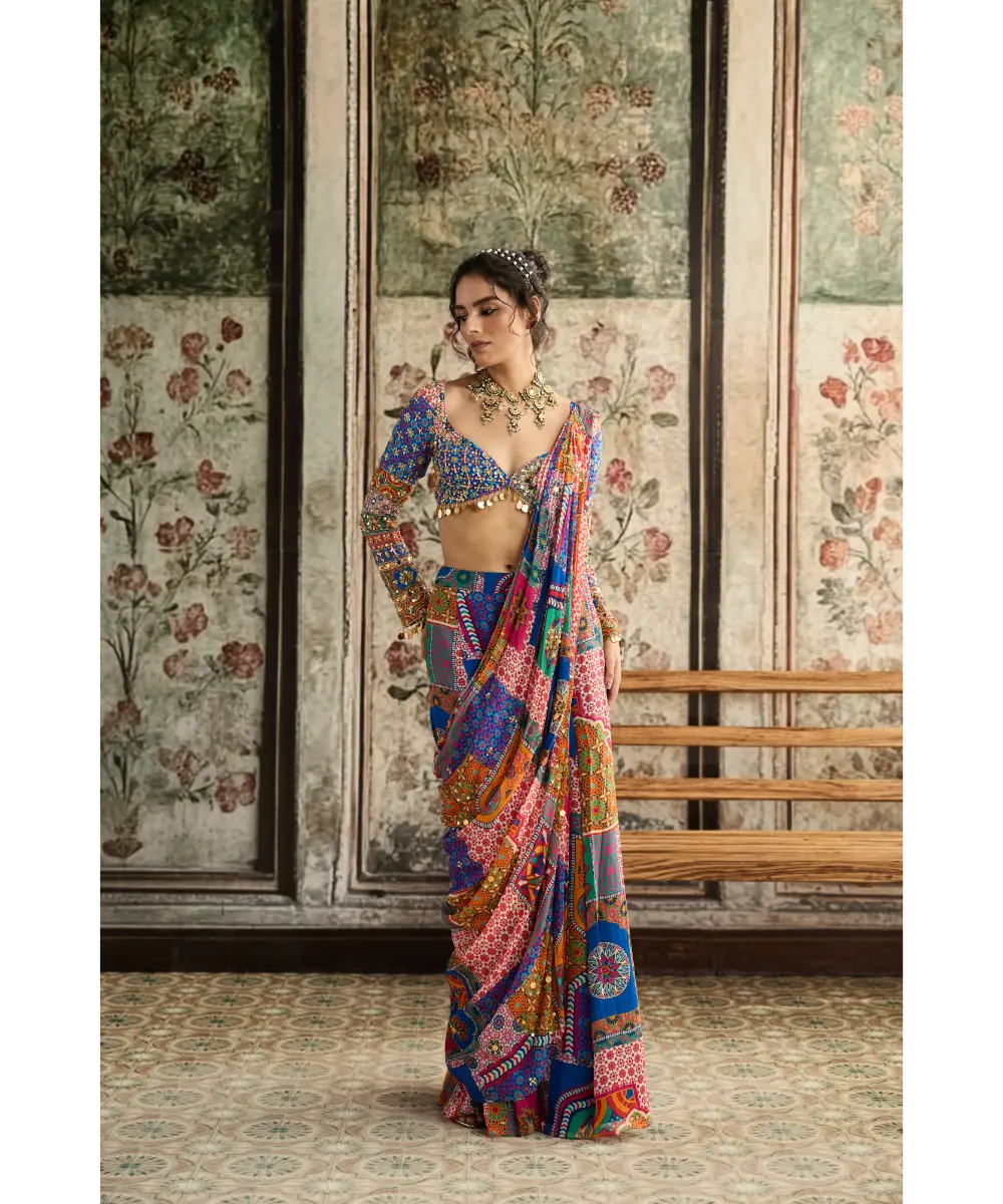 DIYARAJVVIR - MULTI-COLOR  PRINT AND HIGHLIGHTED PLUNGE NECKLINE BLOUSE WITH SHARARA SAREE SET