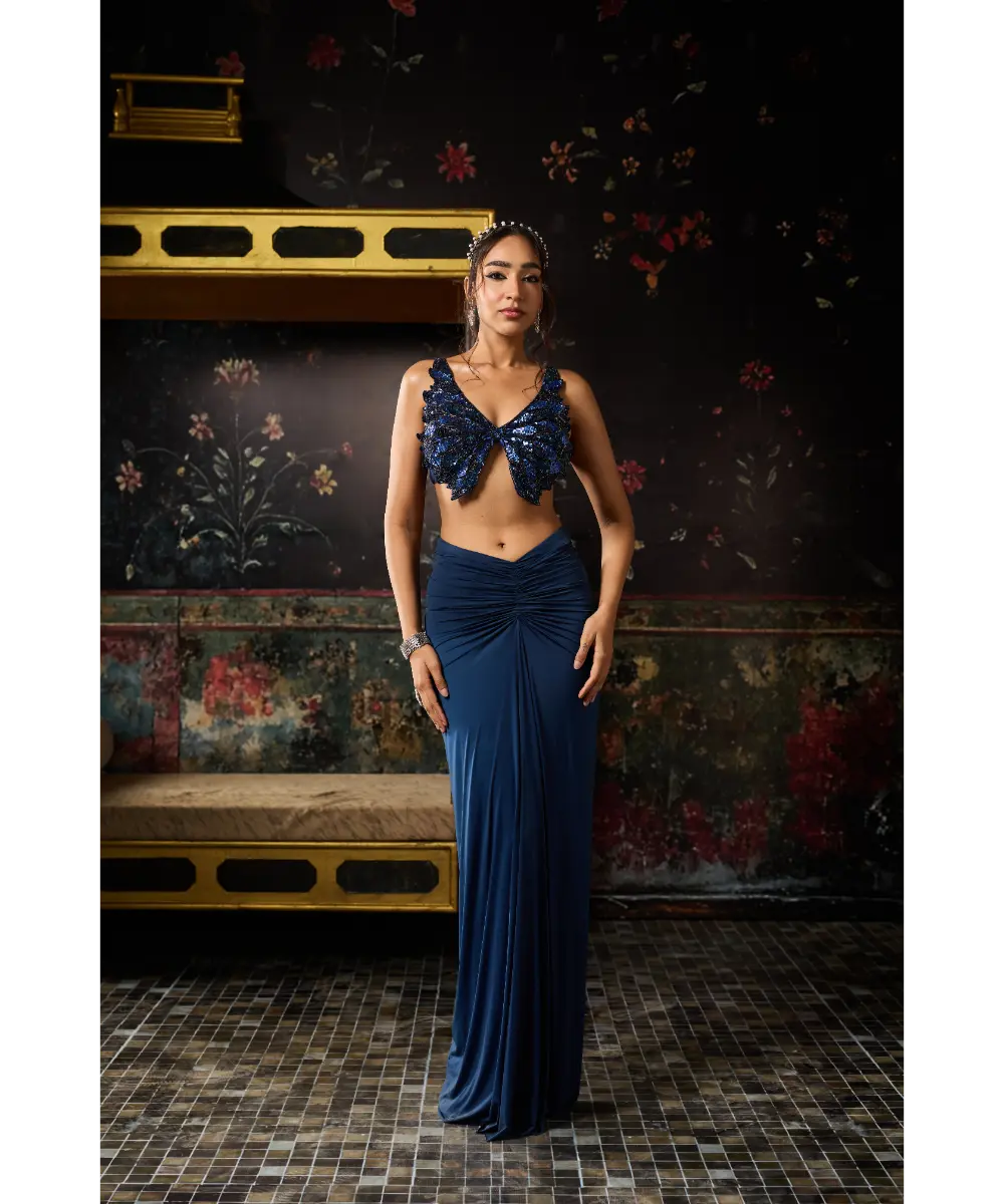 DIYARAJVVIR - TEAL BLUE CUTWORK BLOUSE WITH DRAPED SKIRT SET