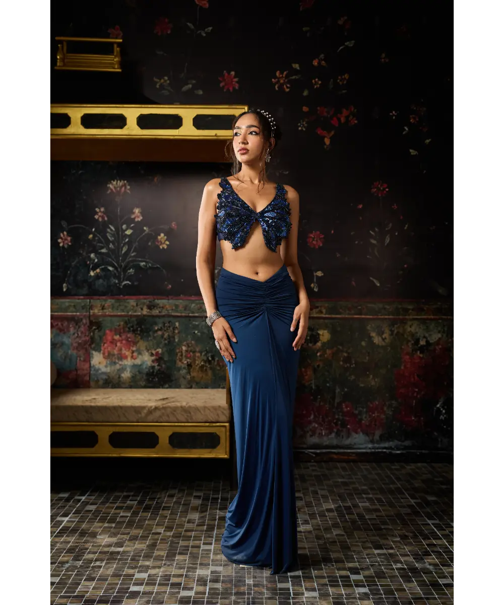 DIYARAJVVIR - TEAL BLUE CUTWORK BLOUSE WITH DRAPED SKIRT SET