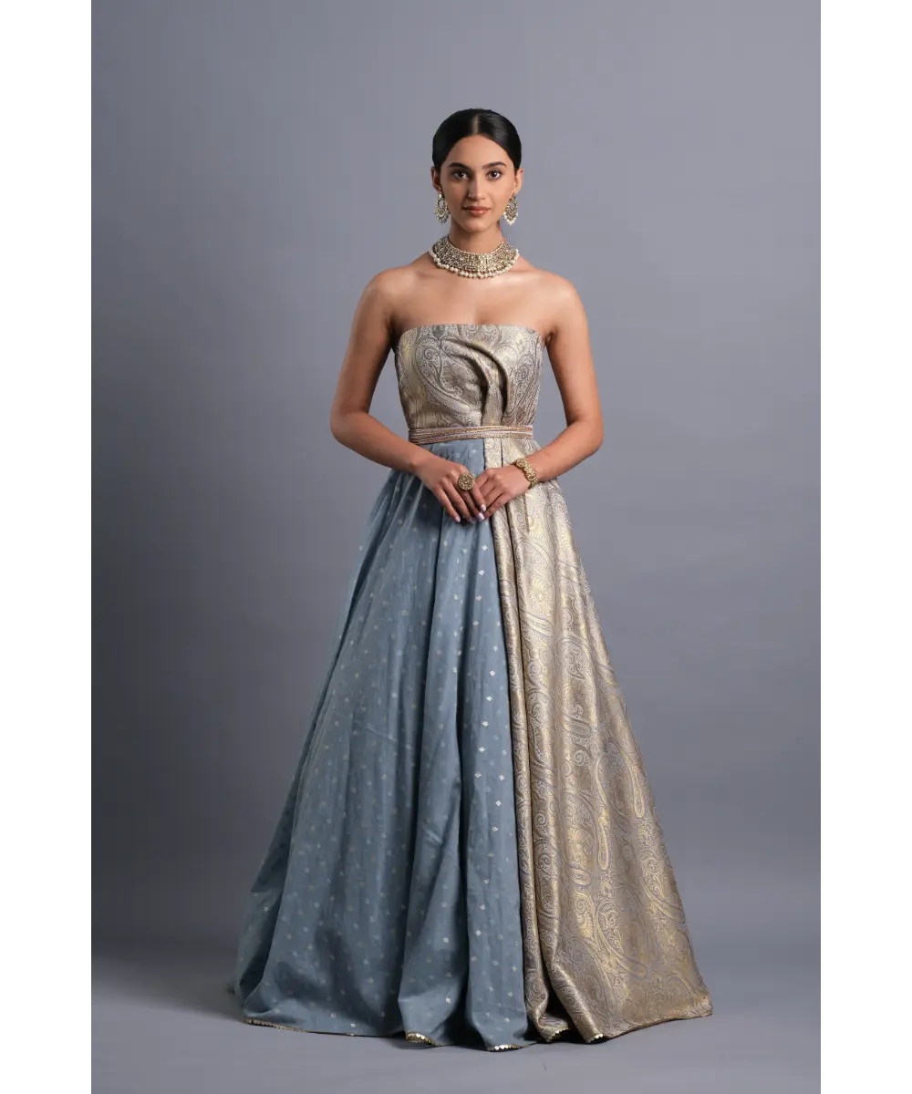 Aastha Sood- Steel Blue Chanderi Gown with a Belt
