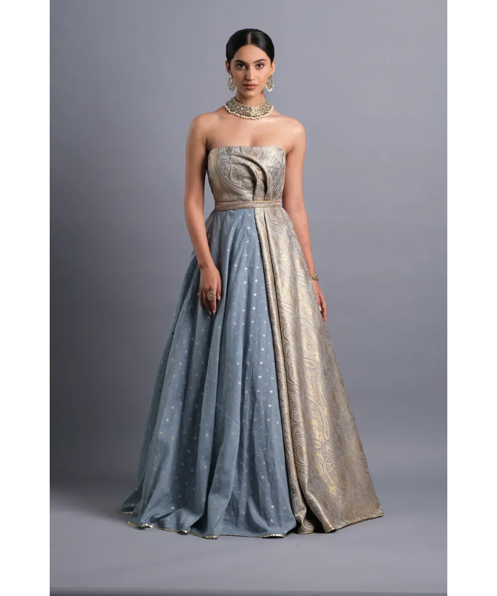 Aastha Sood- Steel Blue Chanderi Gown with a Belt