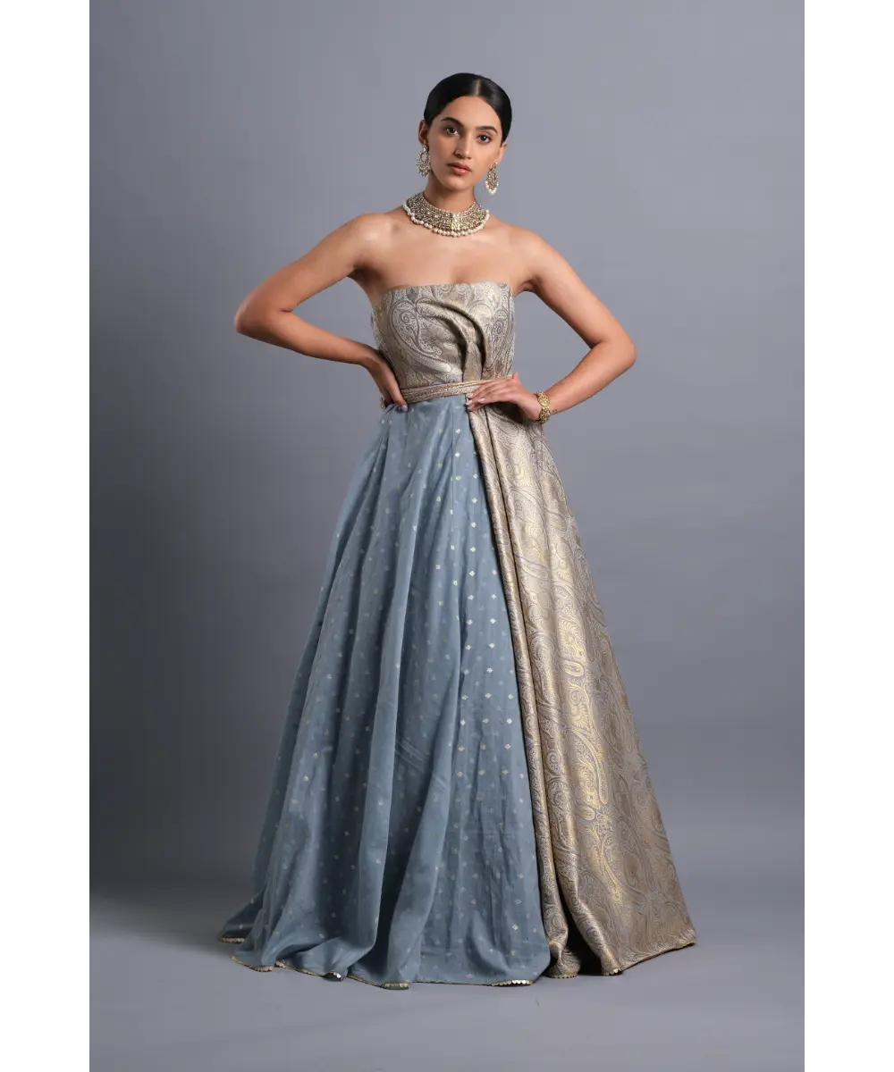 Aastha Sood- Steel Blue Chanderi Gown with a Belt