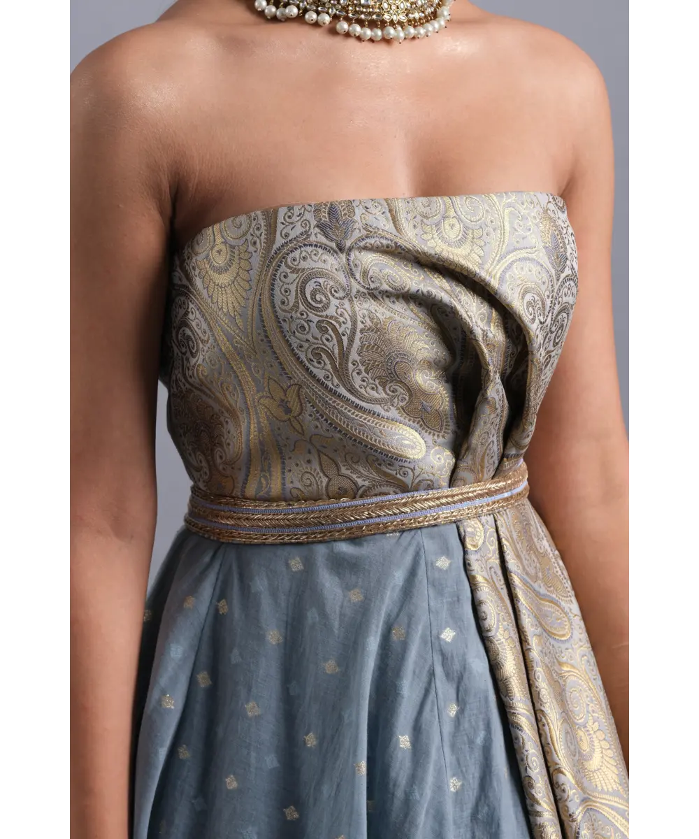 Aastha Sood- Steel Blue Chanderi Gown with a Belt