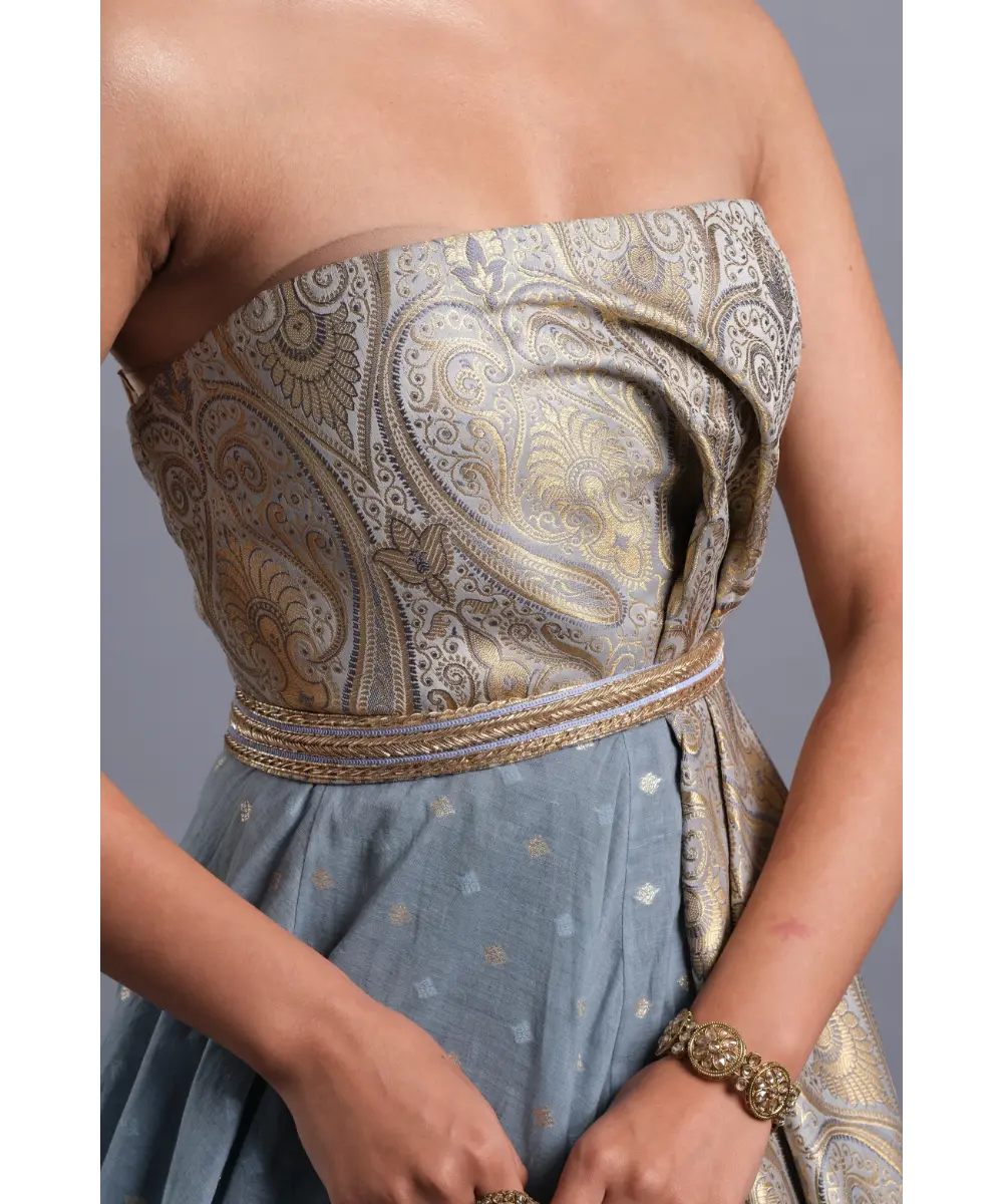 Aastha Sood- Steel Blue Chanderi Gown with a Belt
