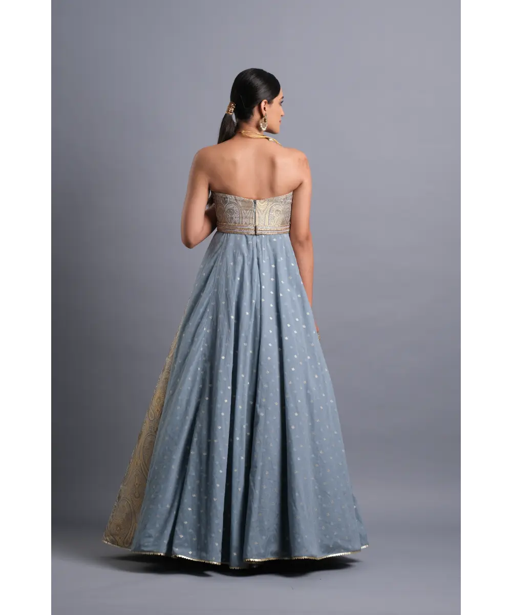 Aastha Sood- Steel Blue Chanderi Gown with a Belt