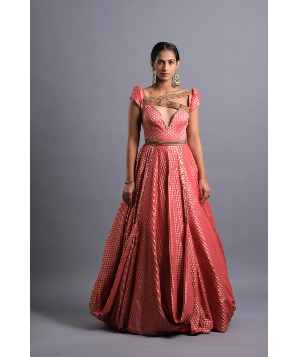 Aastha Sood - Crimson brocade Gown with Plunge neck and Belt