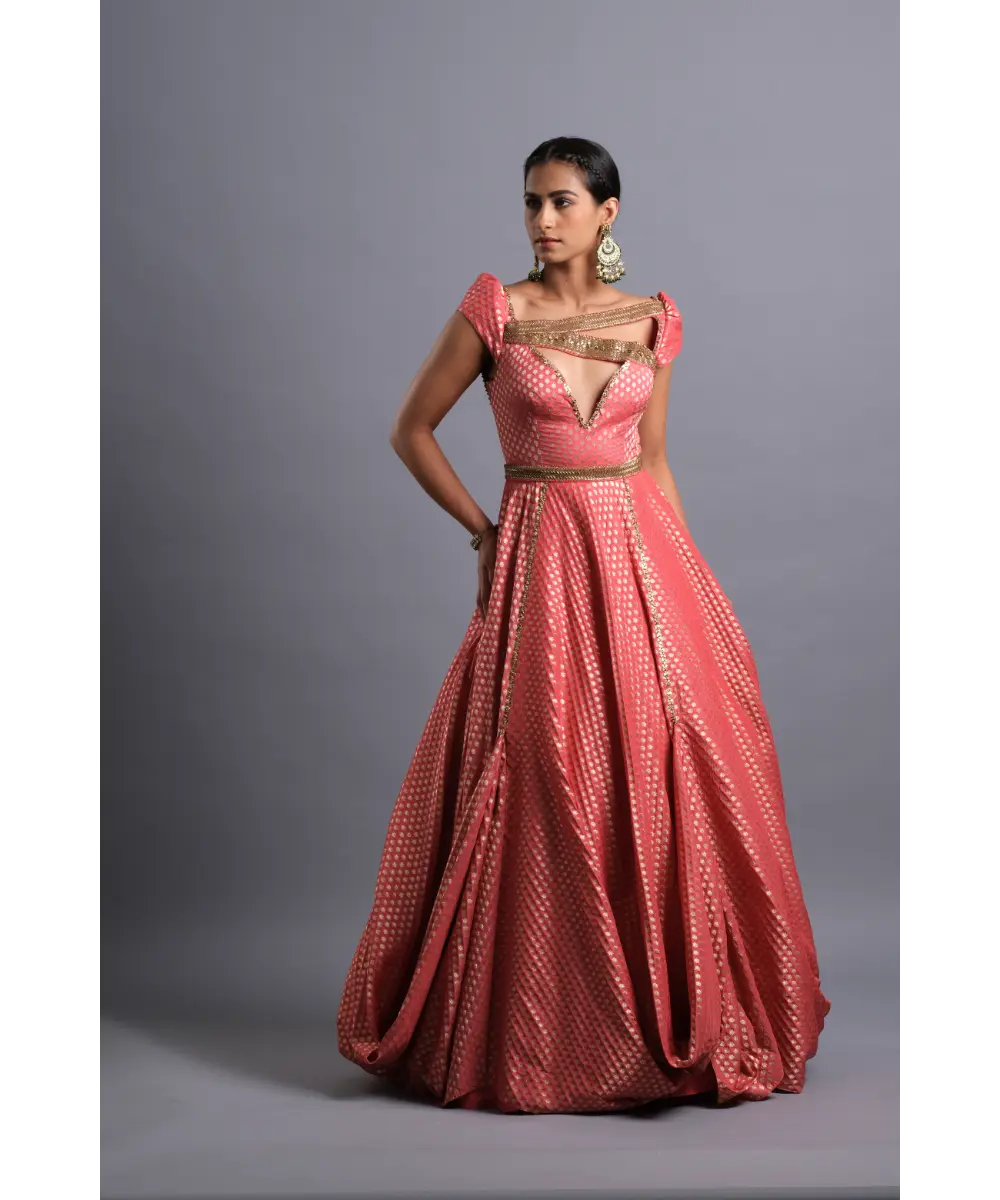 Aastha Sood - Crimson brocade Gown with Plunge neck and Belt