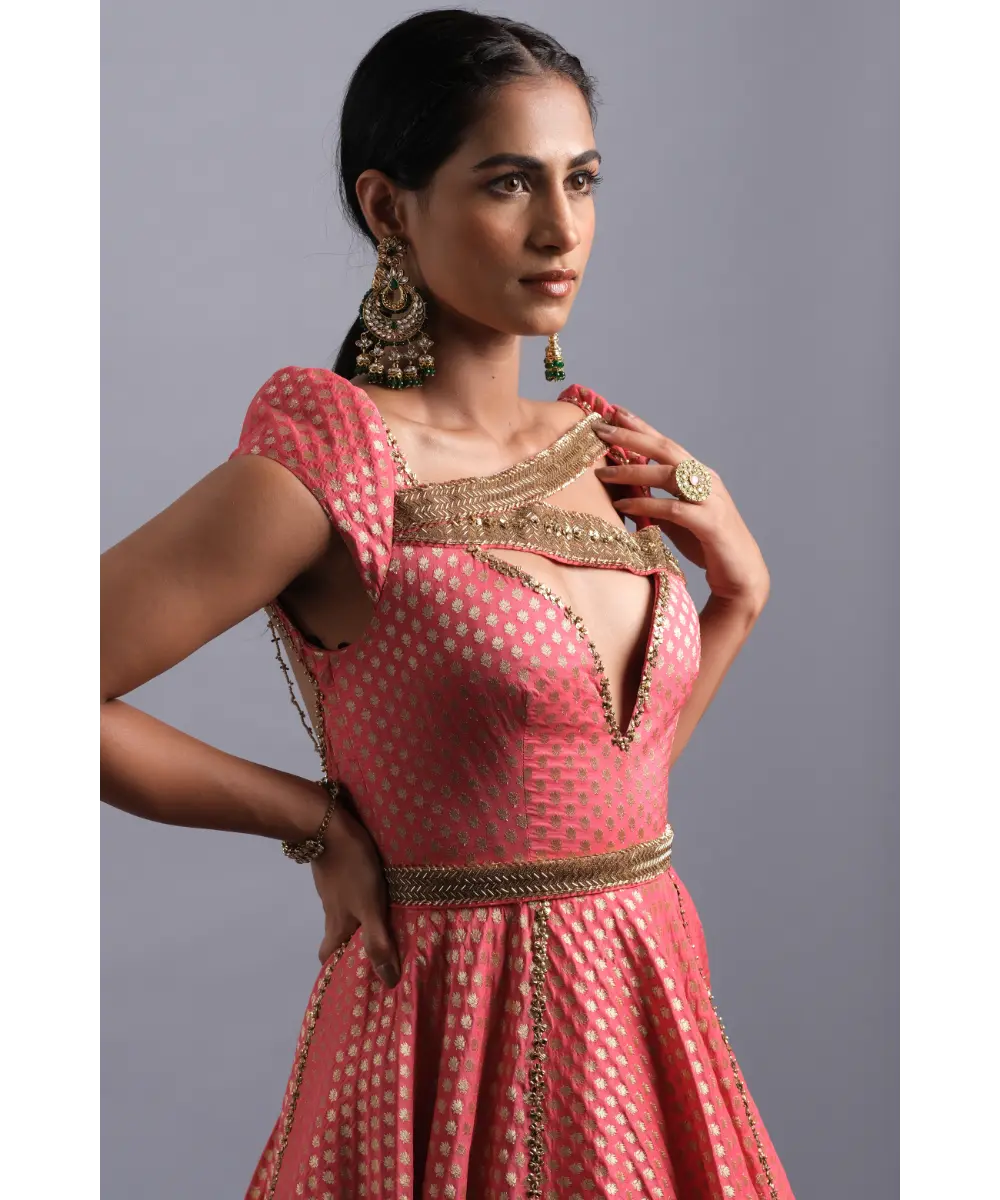 Aastha Sood - Crimson brocade Gown with Plunge neck and Belt