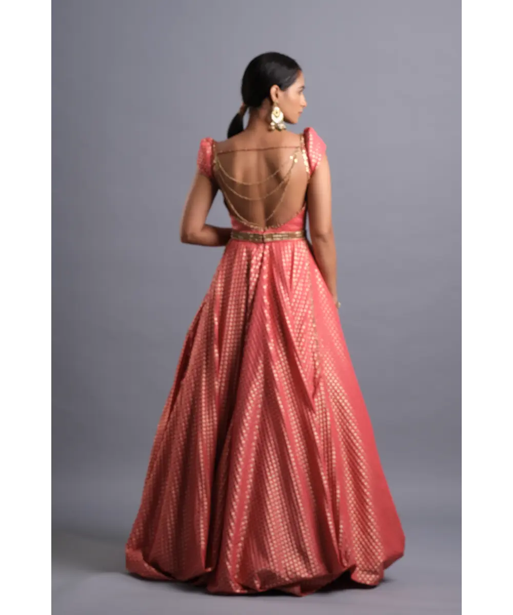 Aastha Sood - Crimson brocade Gown with Plunge neck and Belt