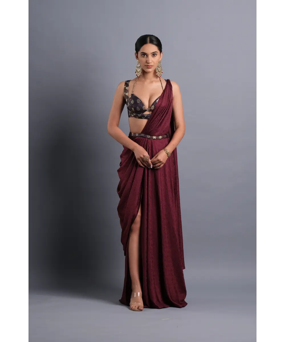 Aastha Sood - Wine silk slit Jacquard saree with a Belt