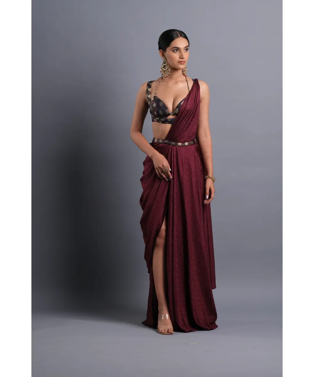 Aastha Sood - Wine silk slit Jacquard saree with a Belt