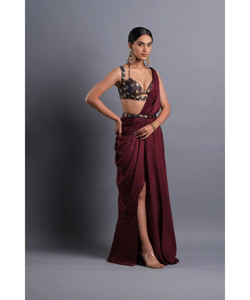 Aastha Sood - Wine silk slit Jacquard saree with a Belt