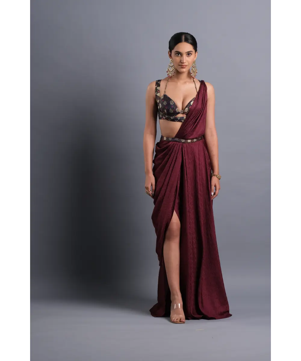 Aastha Sood - Wine silk slit Jacquard saree with a Belt