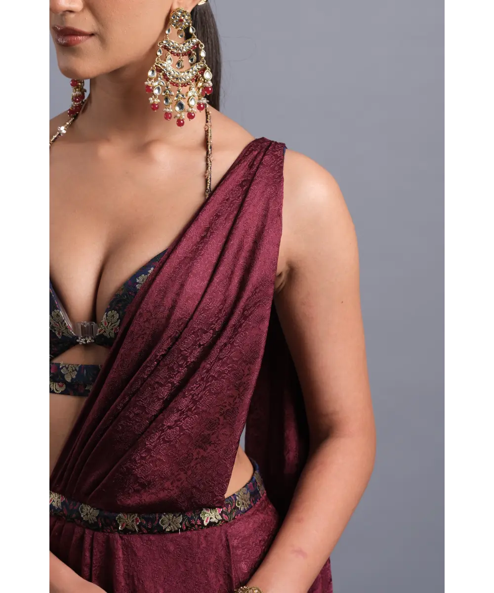 Aastha Sood - Wine silk slit Jacquard saree with a Belt