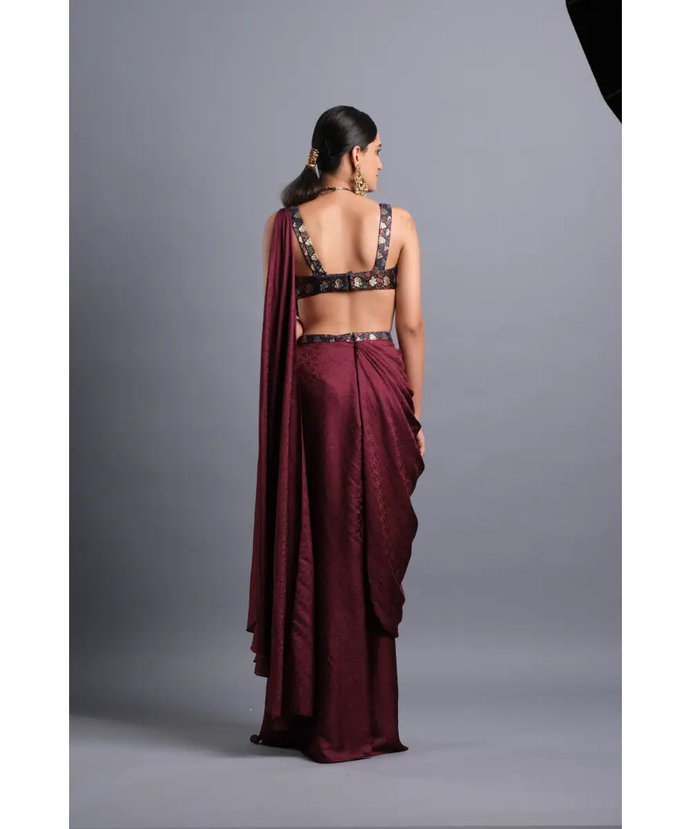 Aastha Sood - Wine silk slit Jacquard saree with a Belt