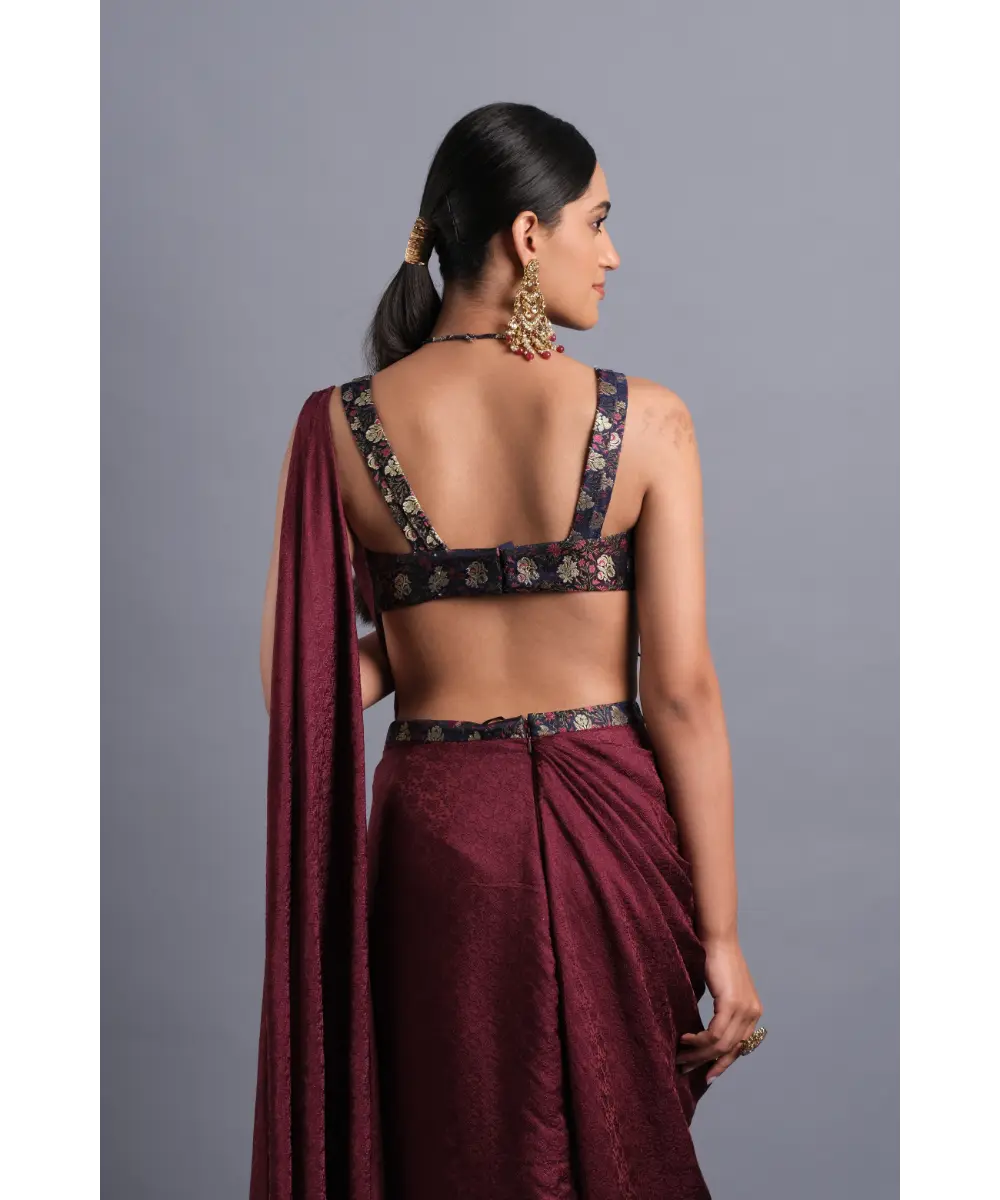 Aastha Sood - Wine silk slit Jacquard saree with a Belt