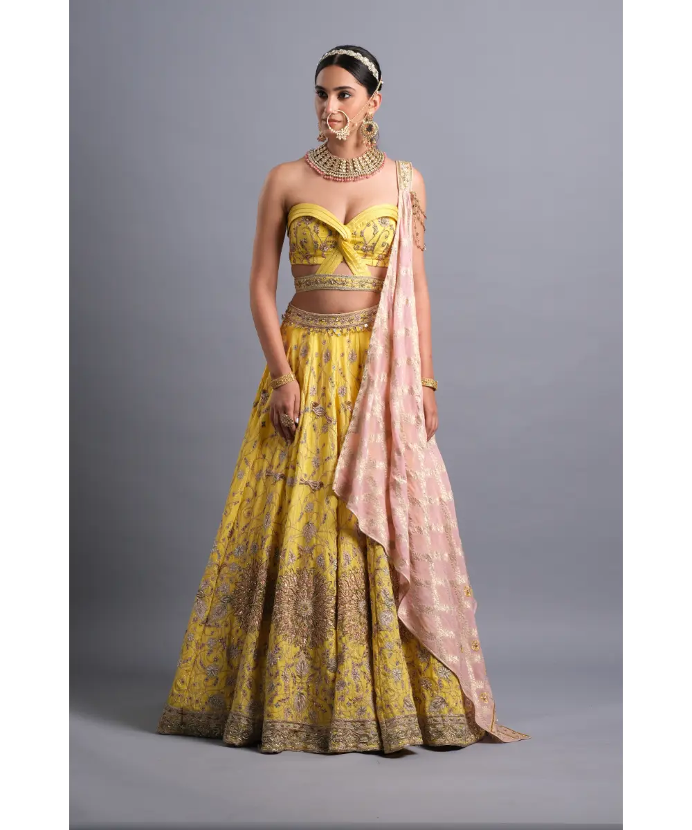Canary yellow hand Embroidered Lehenga - The perfect Bridesmaid look