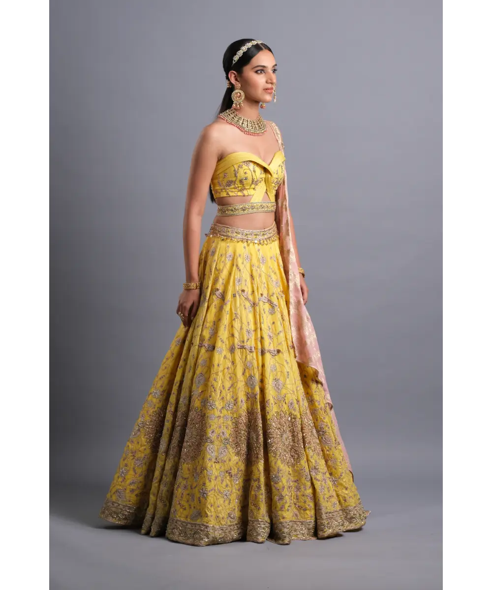 Canary yellow hand Embroidered Lehenga - The perfect Bridesmaid look