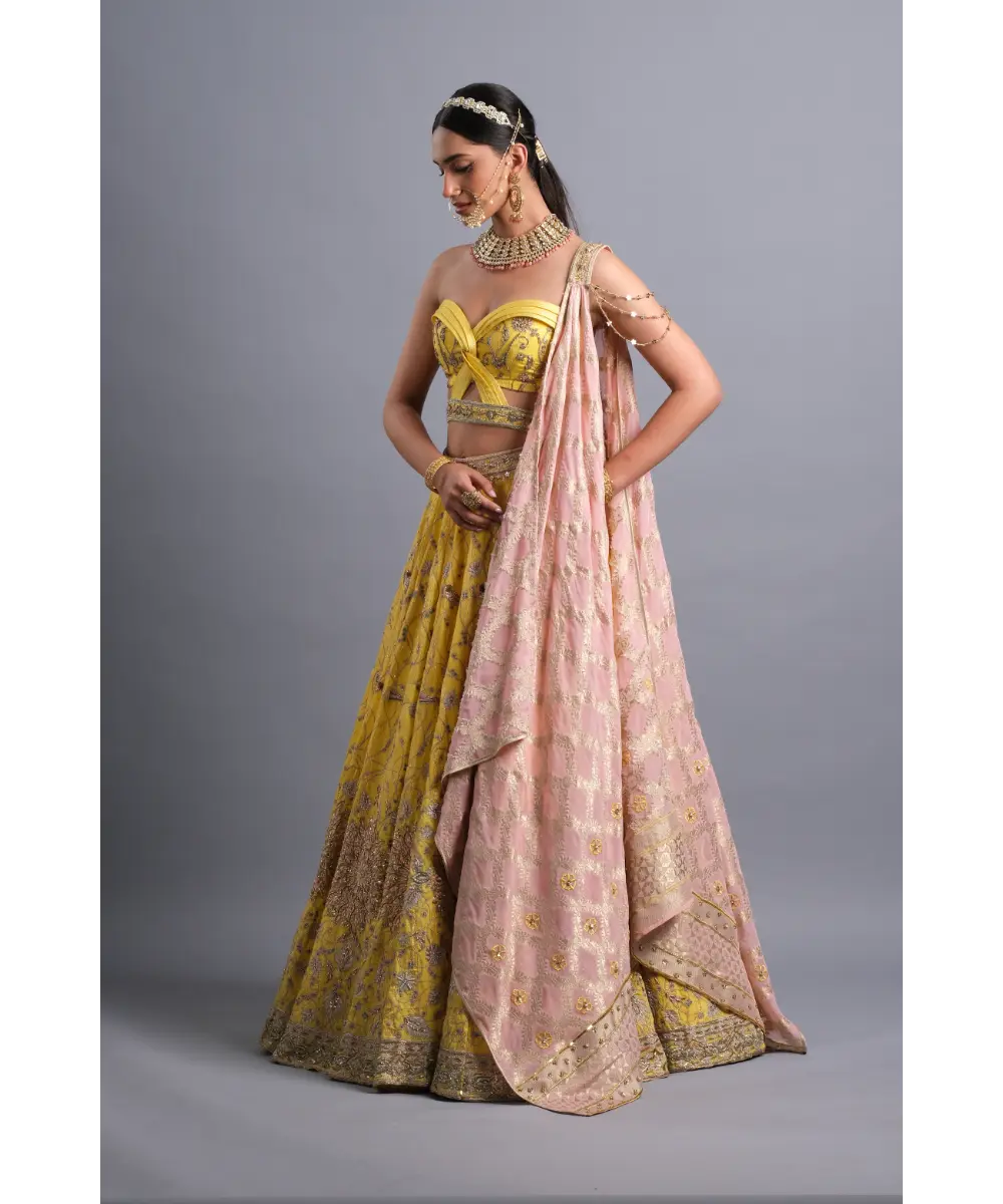 Canary yellow hand Embroidered Lehenga - The perfect Bridesmaid look