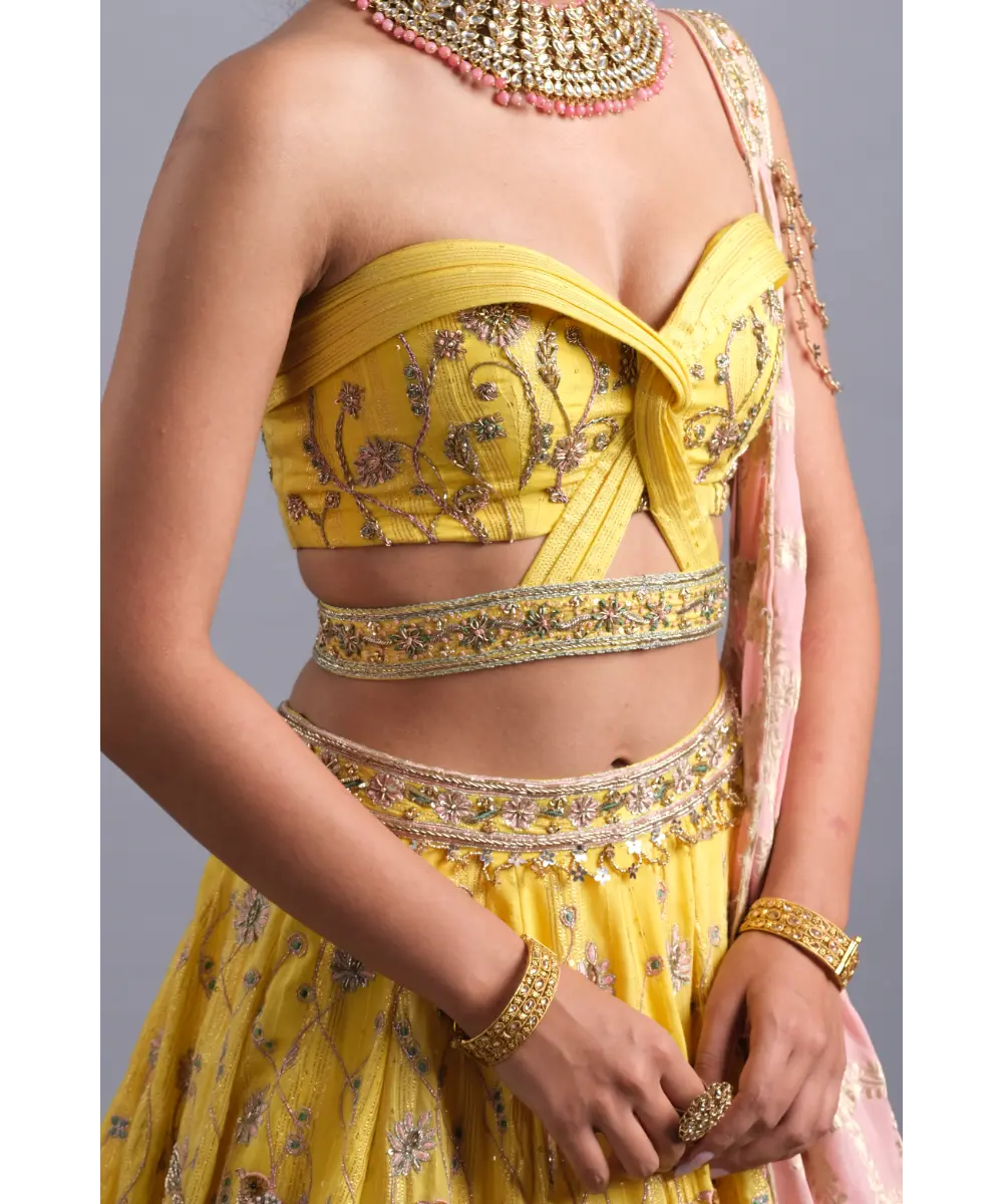 Canary yellow hand Embroidered Lehenga - The perfect Bridesmaid look