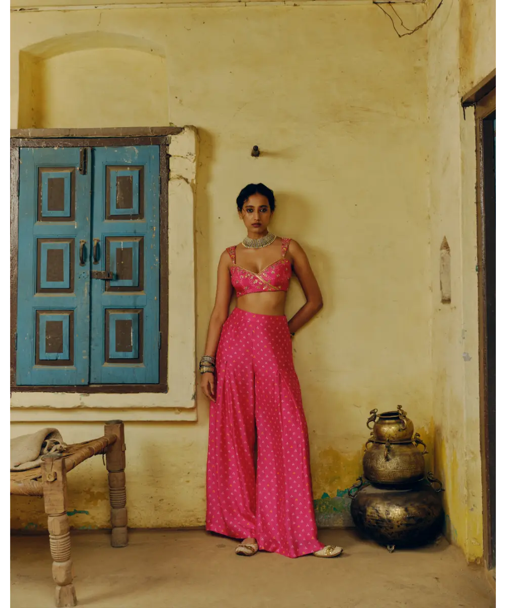 DRISHTI AND ZAHABIA - Rani Pink Crop Top with Box Pleat Palazzo Pants