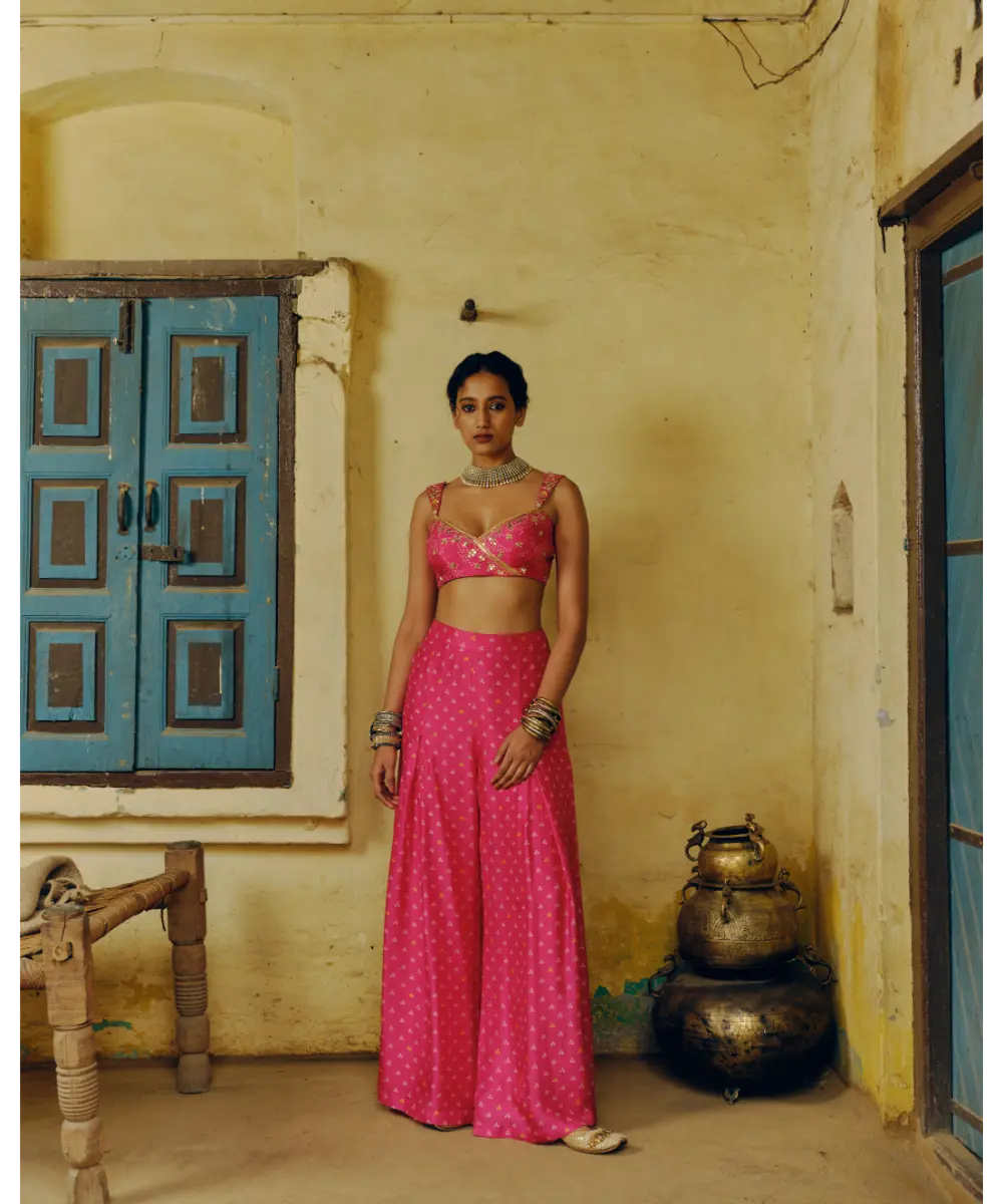DRISHTI AND ZAHABIA Rani Pink Crop Top with Box Pleat Palazzo