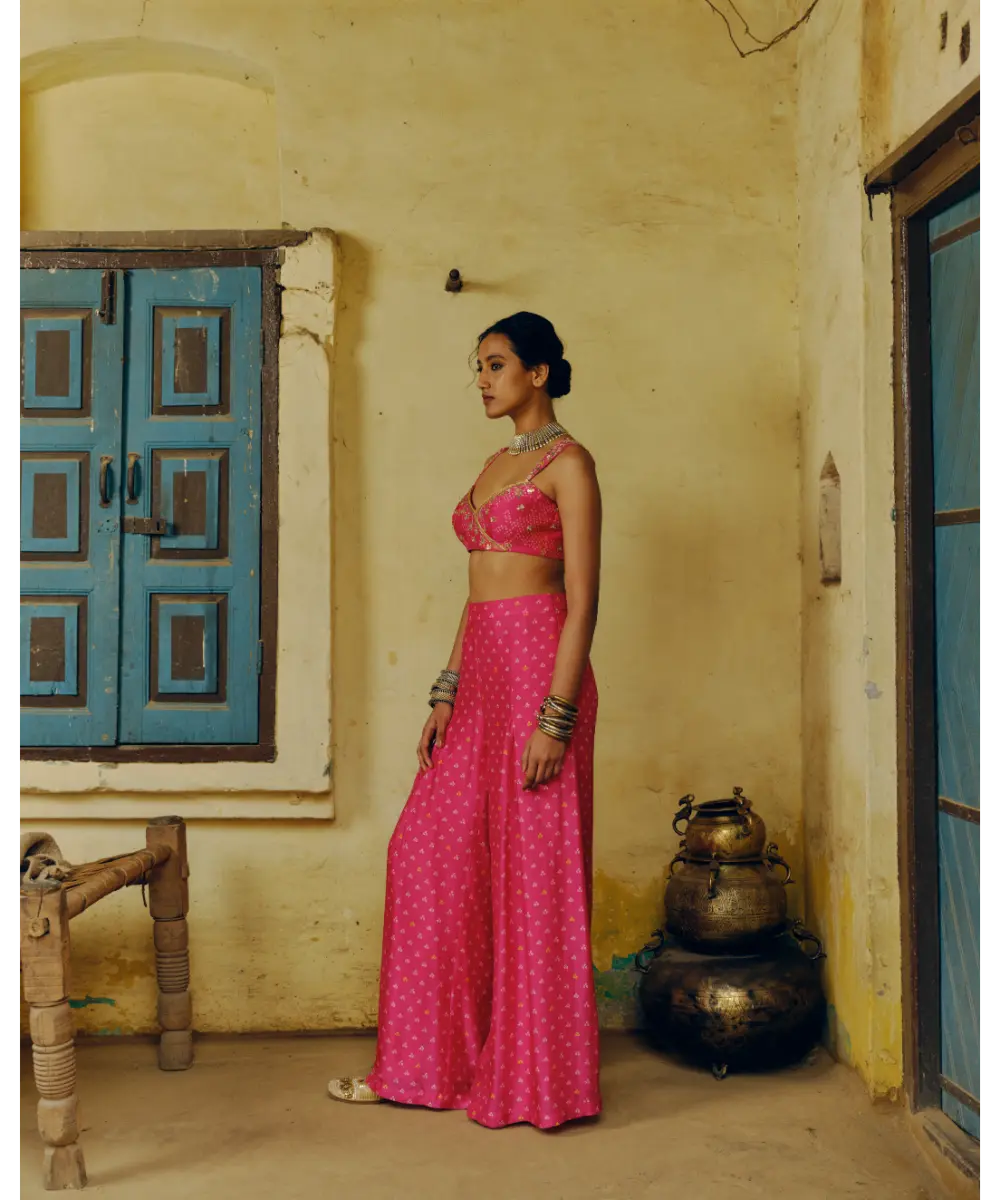 DRISHTI AND ZAHABIA - Rani Pink Crop Top with Box Pleat Palazzo Pants