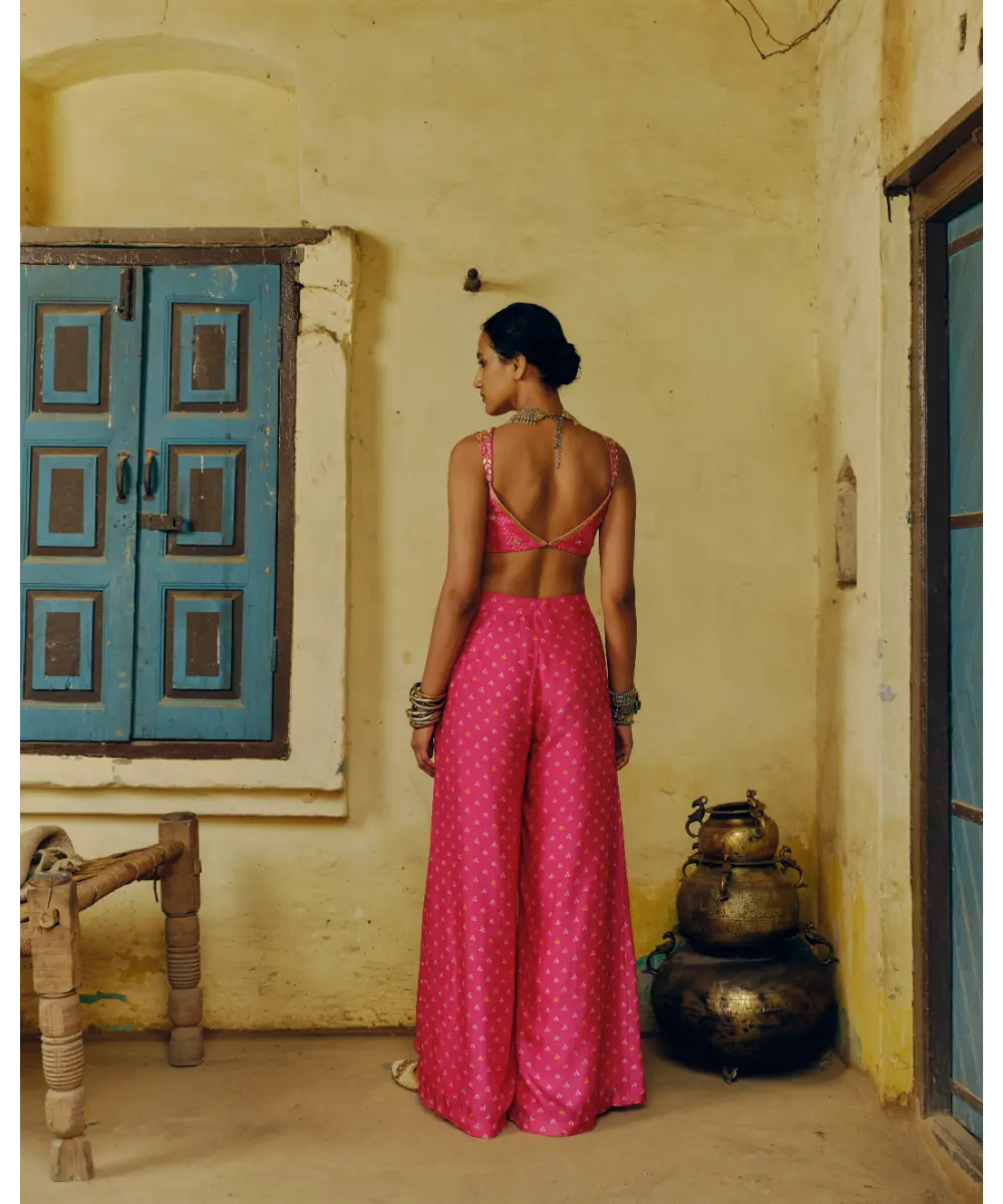 DRISHTI AND ZAHABIA - Rani Pink Crop Top with Box Pleat Palazzo Pants