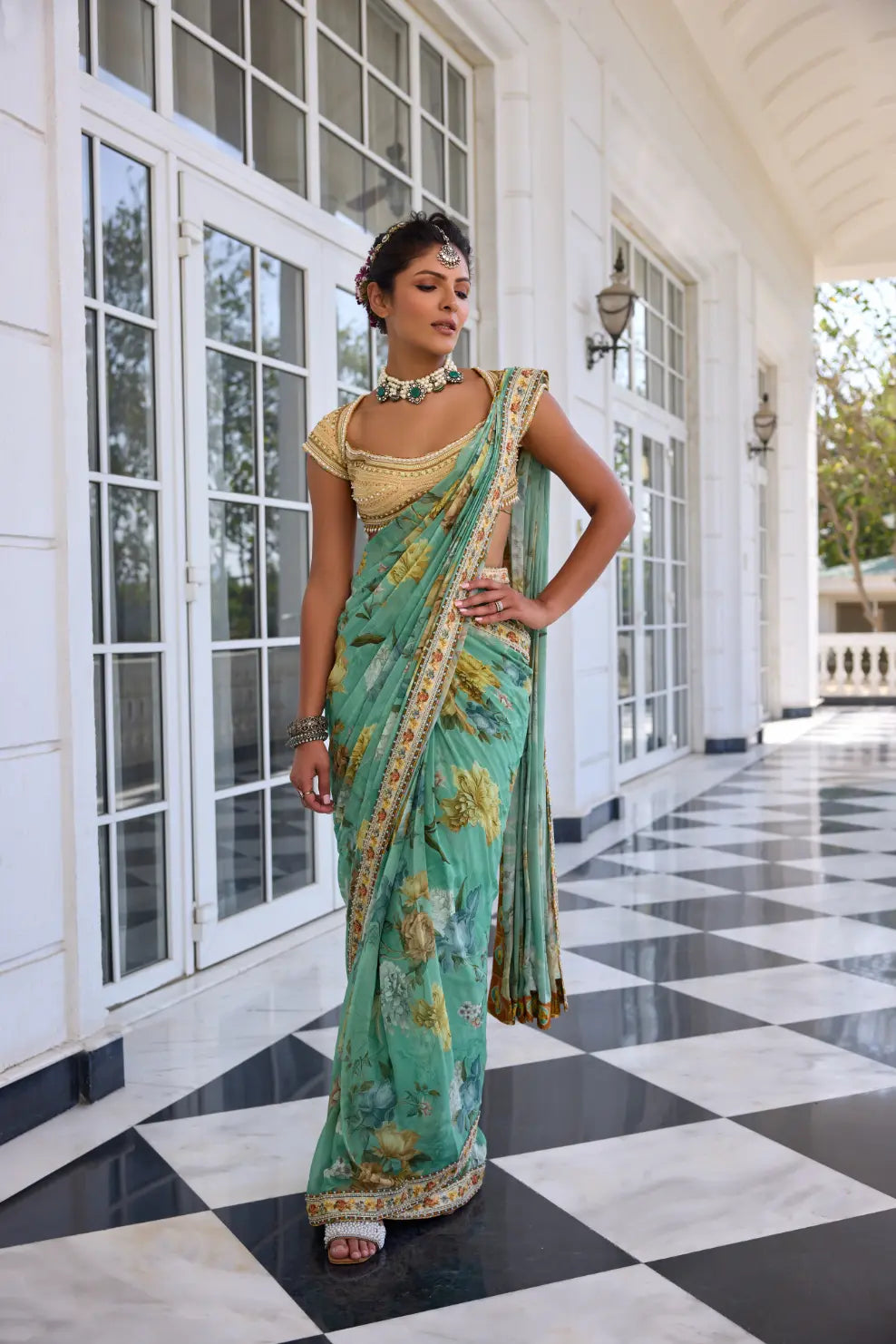 KALISTA - Frida Draped Saree Set Rama Green