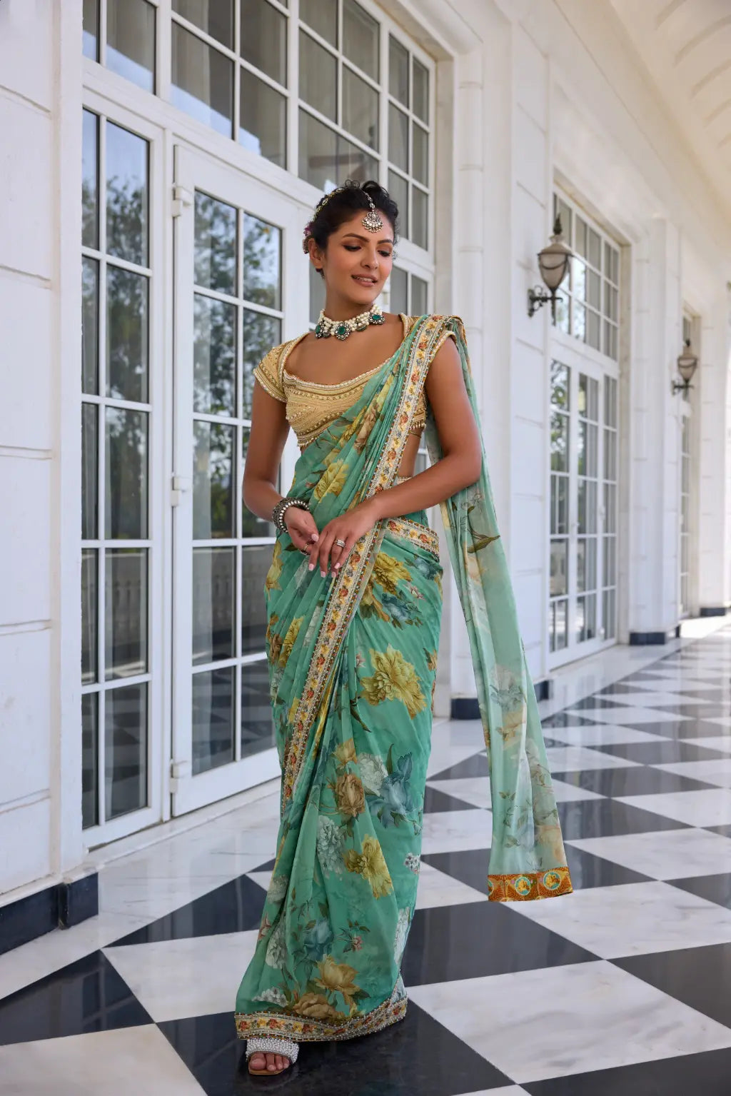 KALISTA - Frida Draped Saree Set Rama Green