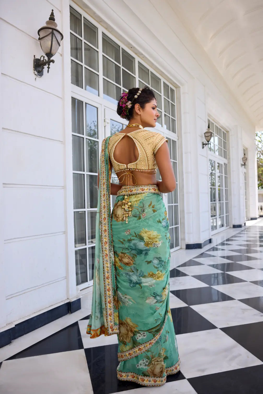 KALISTA - Frida Draped Saree Set Rama Green