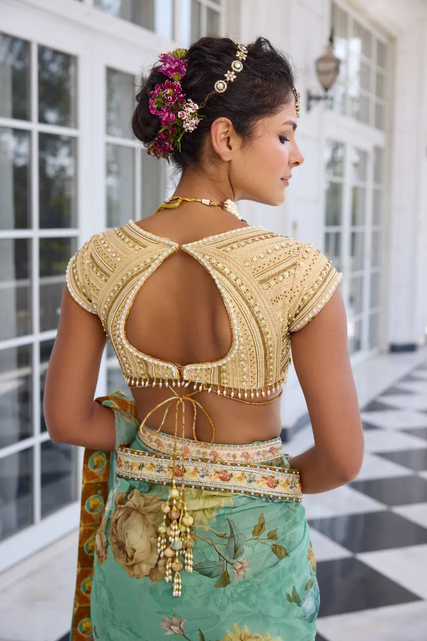 KALISTA - Frida Draped Saree Set Rama Green