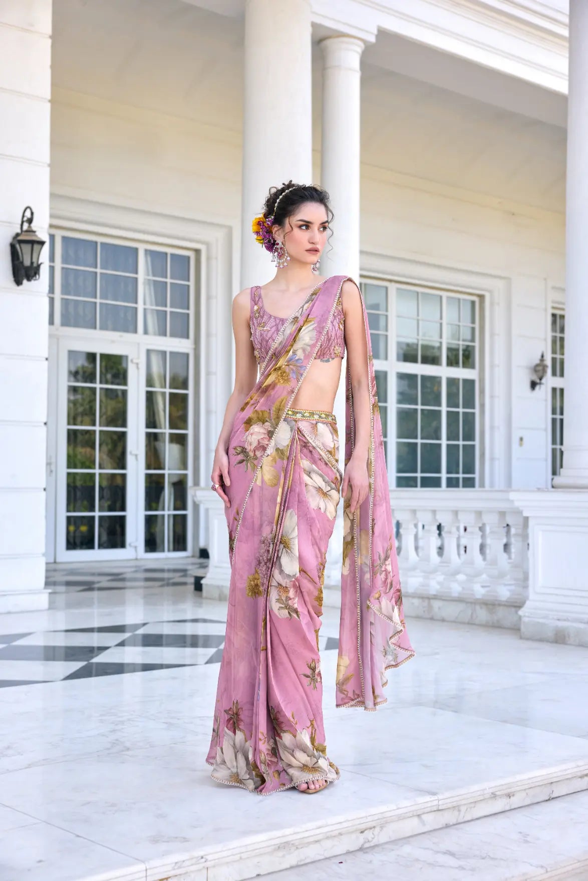 KALISTA - Keisha Draped Saree Set Onion Pink