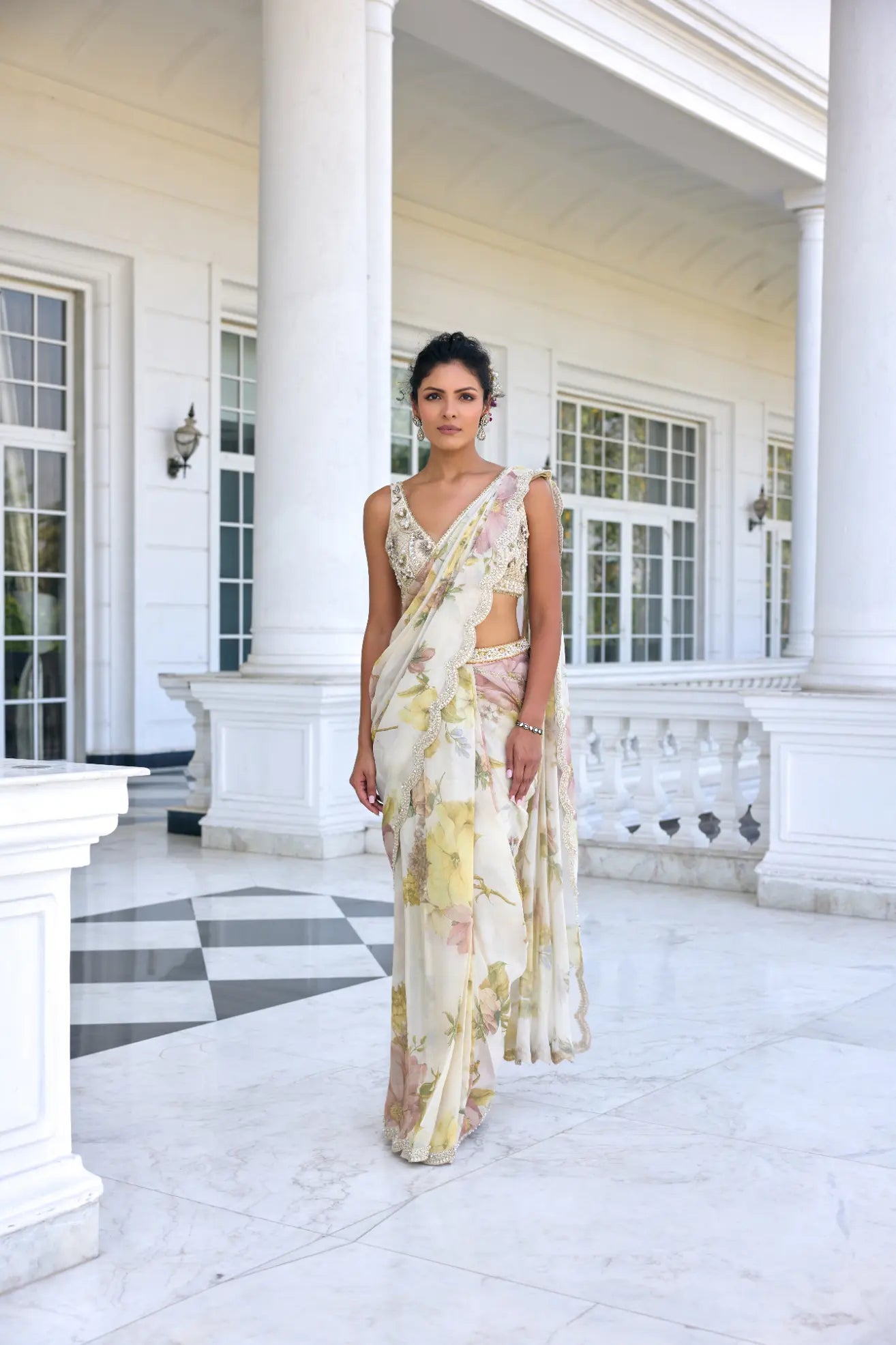 KALISTA - Lisa Draped Saree Set ECRU