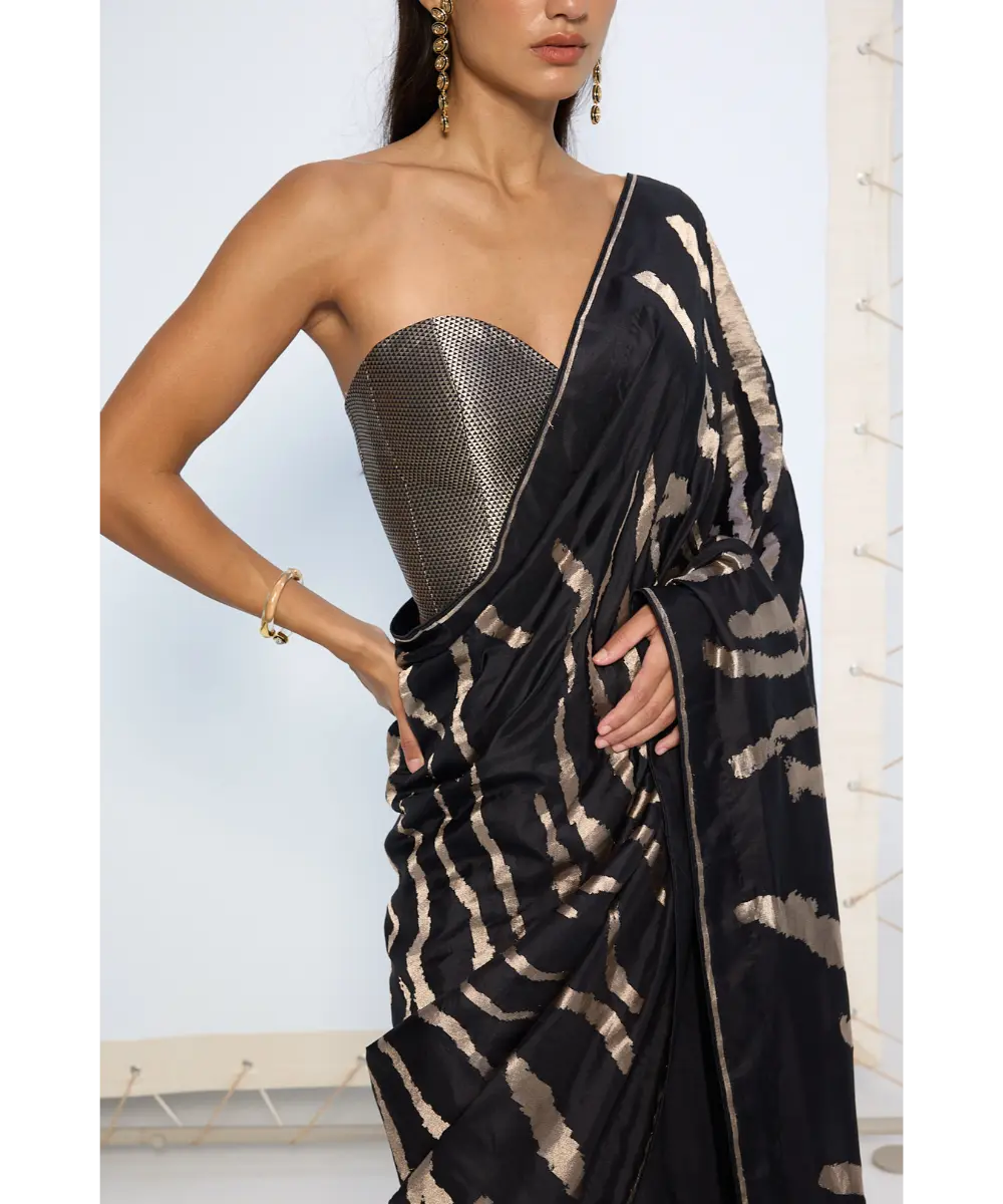 EKAYA BANARAS - Handwoven Noir and Silver Silk Saree