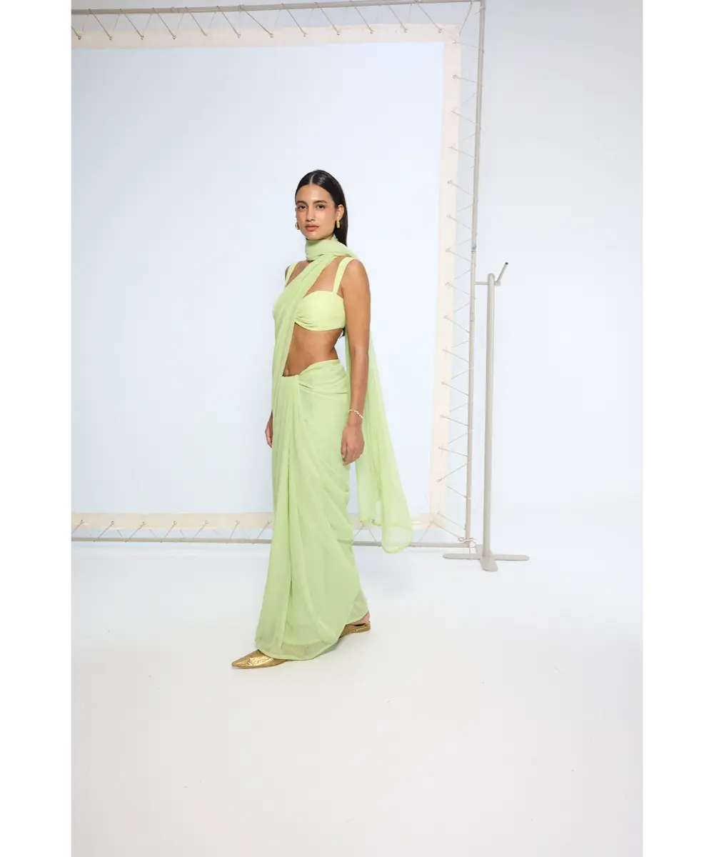 EKAYA BANARAS - Lime Green Polka Dotted Saree
