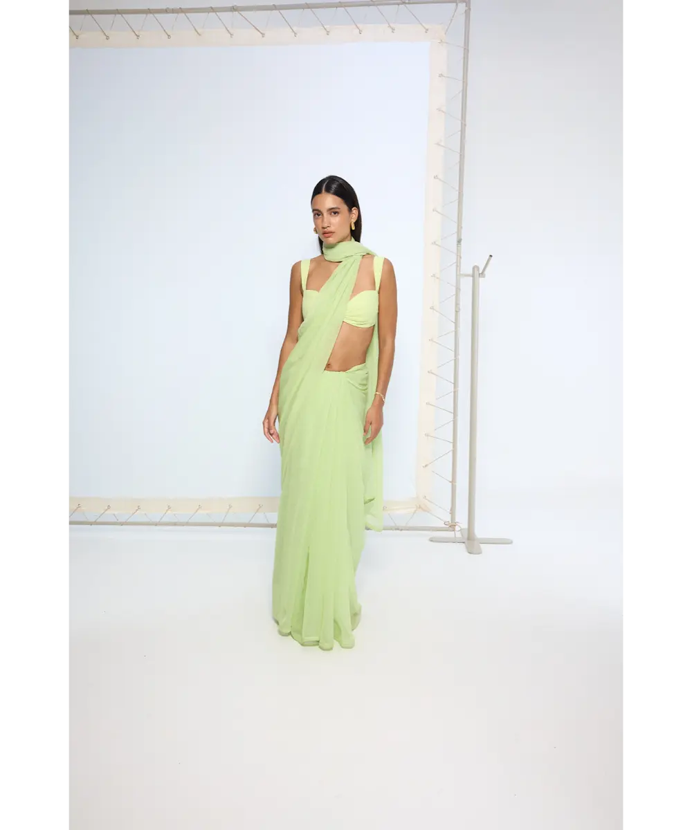 EKAYA BANARAS - Lime Green Polka Dotted Saree