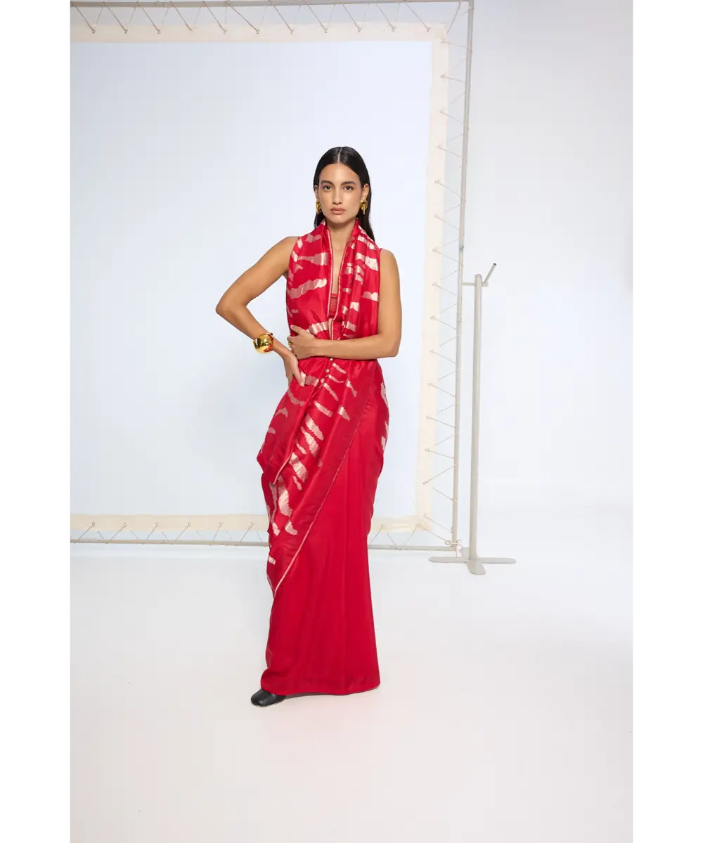 EKAYA BANARAS - Handwoven Red Rose Gold Zari Saree