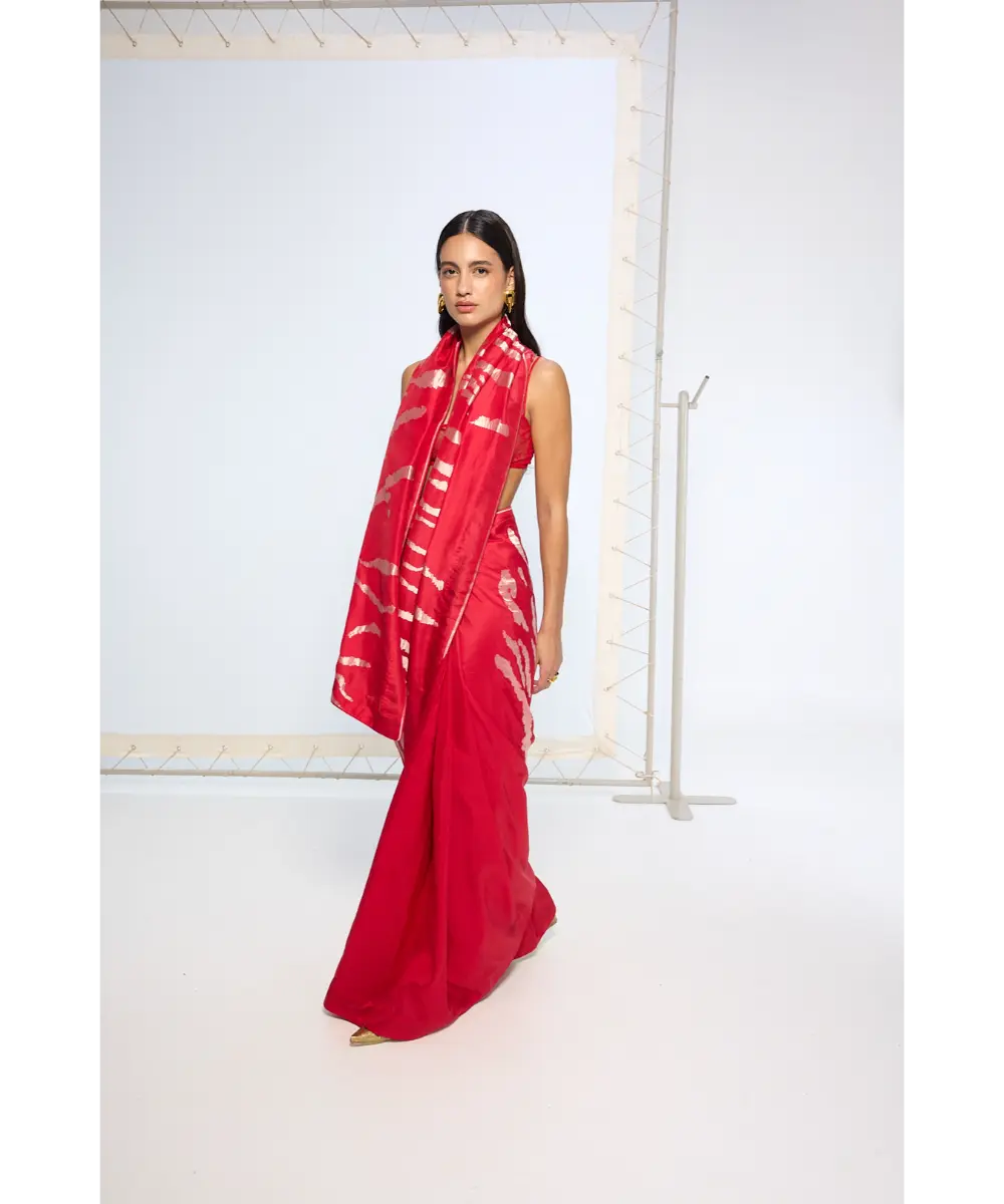 EKAYA BANARAS - Handwoven Red Rose Gold Zari Saree