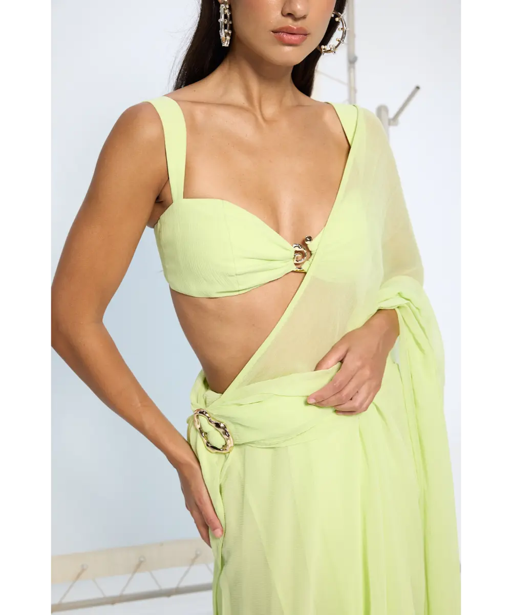 EKAYA BANARAS - Lime Green Brooch Saree